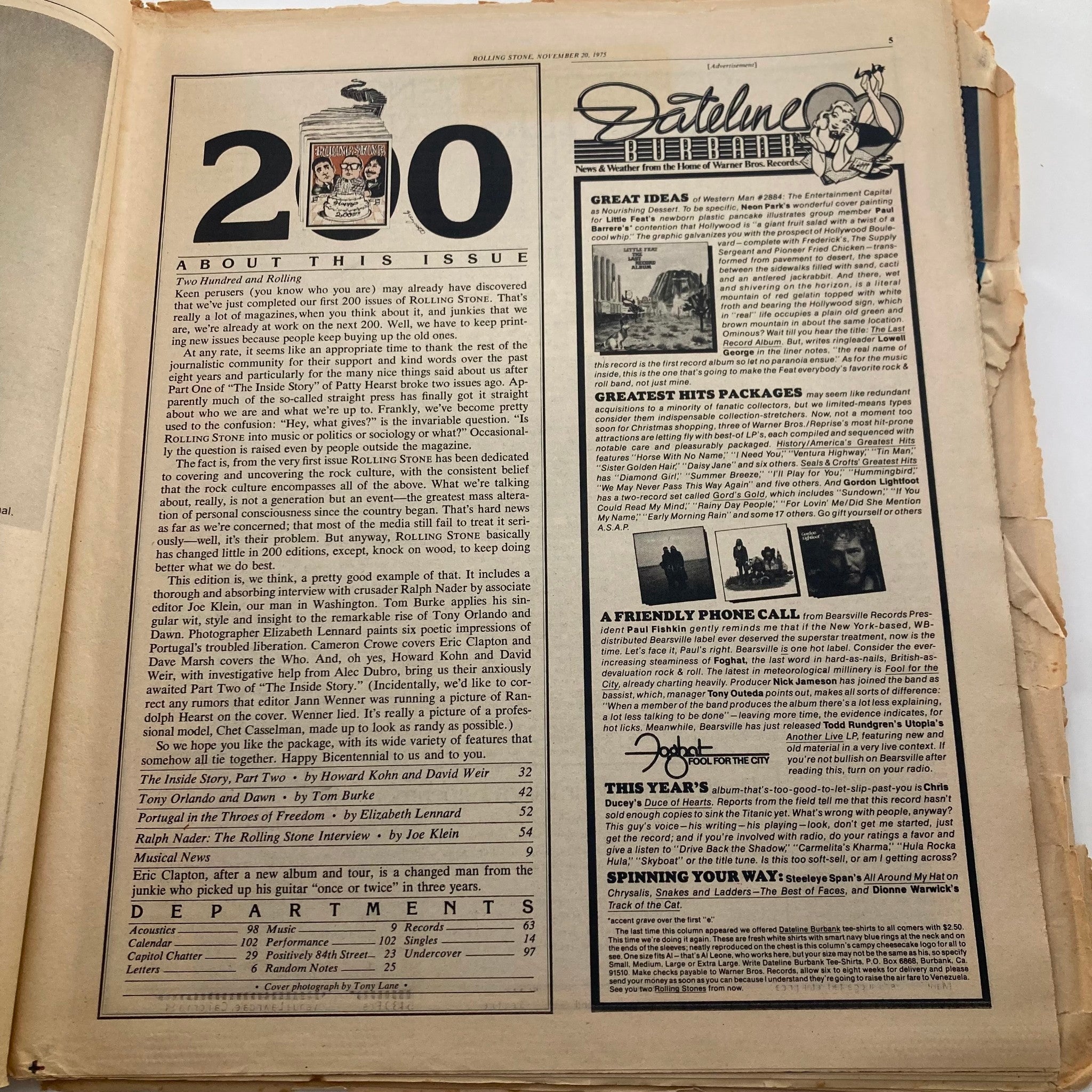Interior view of VTG Rolling Stone Magazine November 20, 1975, Issue No. 200 detailing the magazine's Table of Contents and features, including an article about Randolph Hearst.
