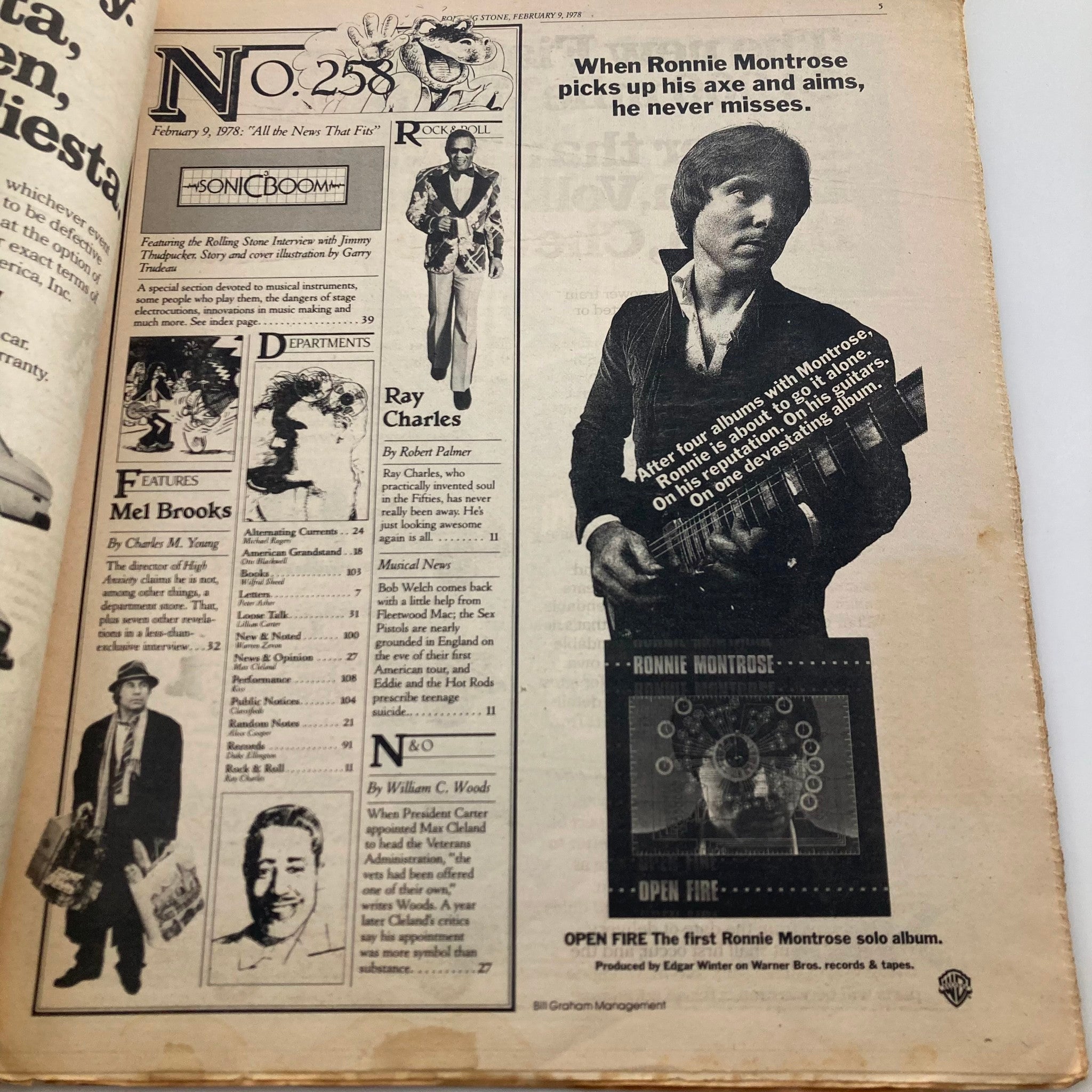 Interior page of Rolling Stone Magazine No. 258 from February 9, 1978, highlighting Ronnie Montrose, with features on music and cultural commentary.