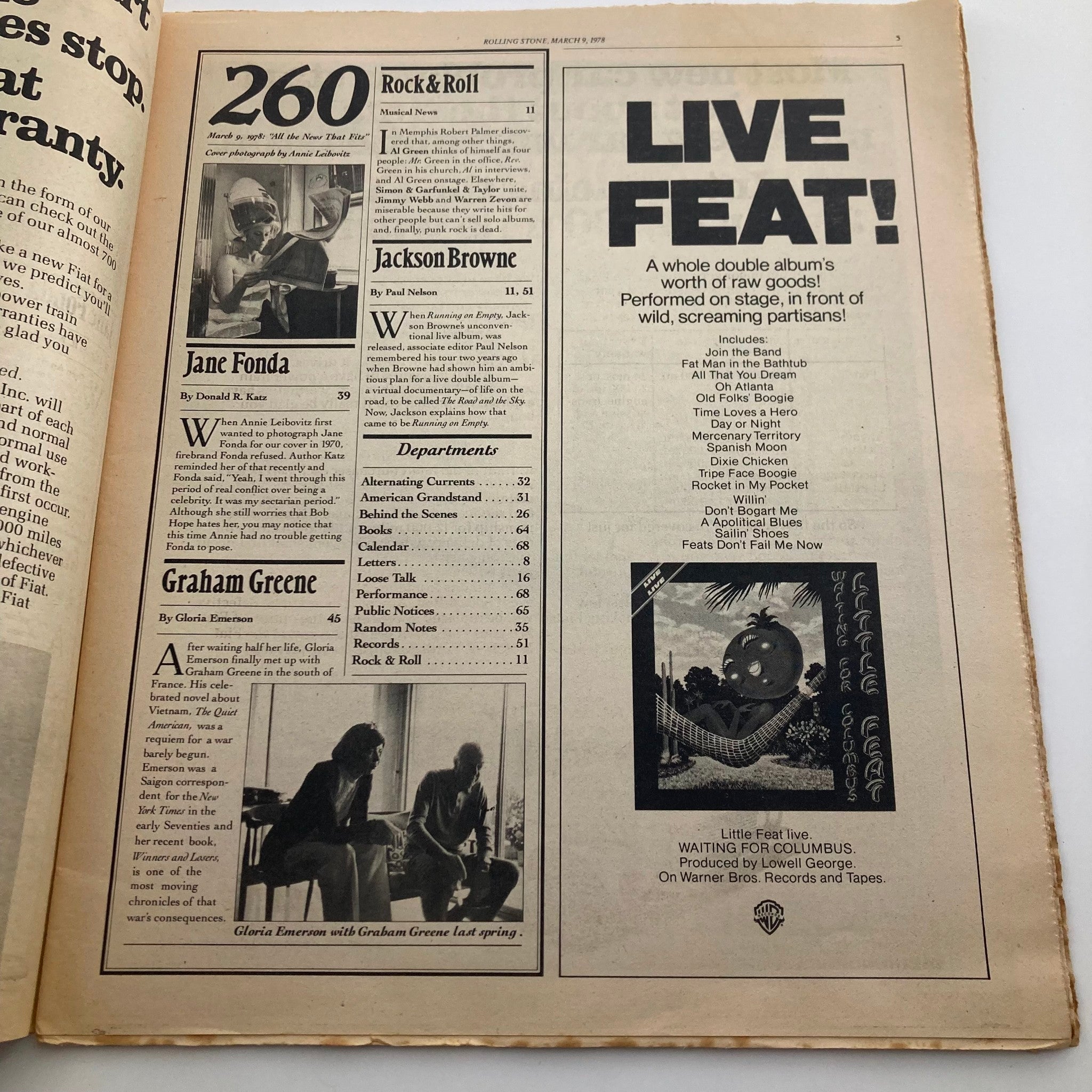Interior page from VTG Rolling Stone Magazine March 9 1978 No. 260 showcasing articles about Jane Fonda and Jackson Browne, with a focus on music and activism.