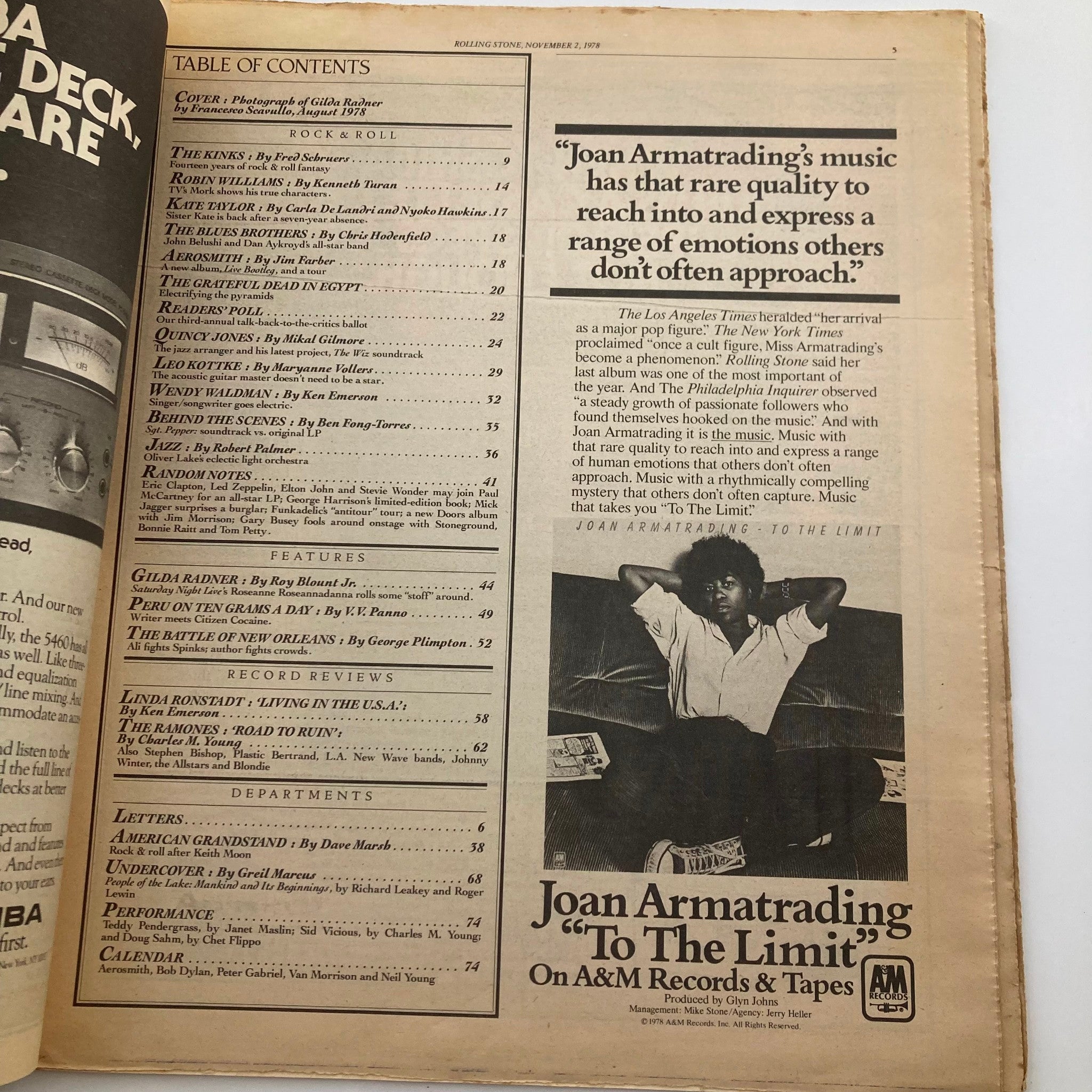 Table of contents page from the November 2, 1978, issue number 277 of Rolling Stone magazine, highlighting features and articles, including Gilda Ali's portrayal.