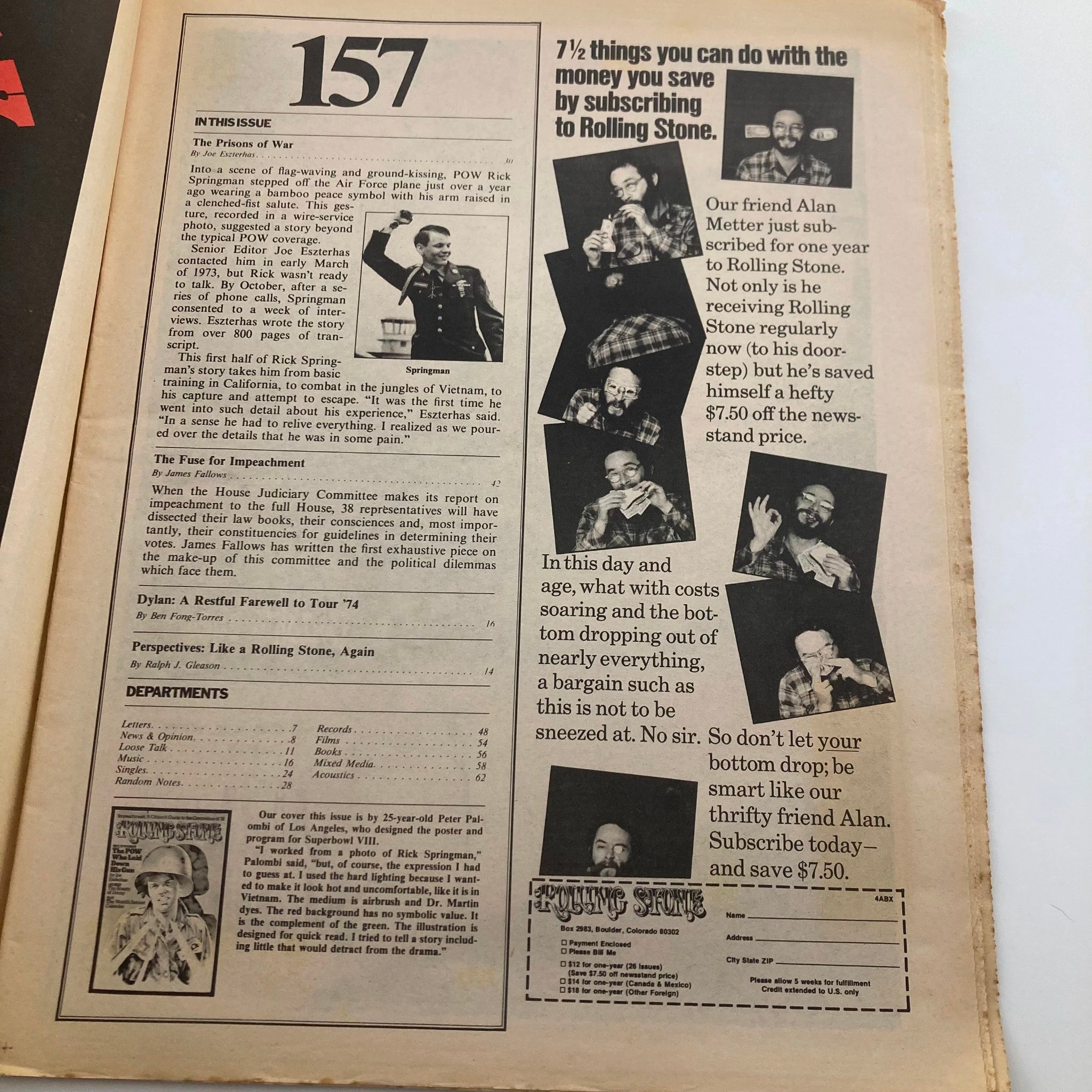 Inside page of Vintage Rolling Stone Magazine, dated March 28, 1974, Issue No. 157. This page includes article titles and descriptions related to the music scene and societal issues of the time, showcasing the magazine's focus on rock culture.