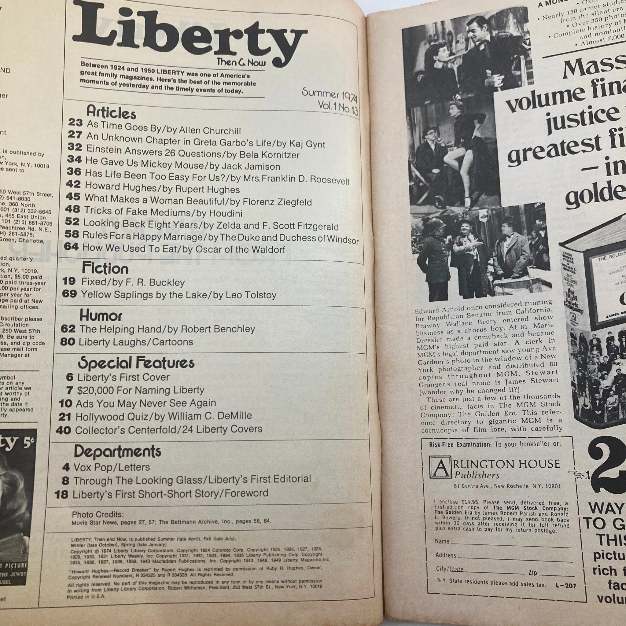 Inside page of VTG Liberty Then & Now Magazine Summer 1974, Volume 1, Number 13, listing articles and features, showcasing the magazine's nostalgic and historical appeal.