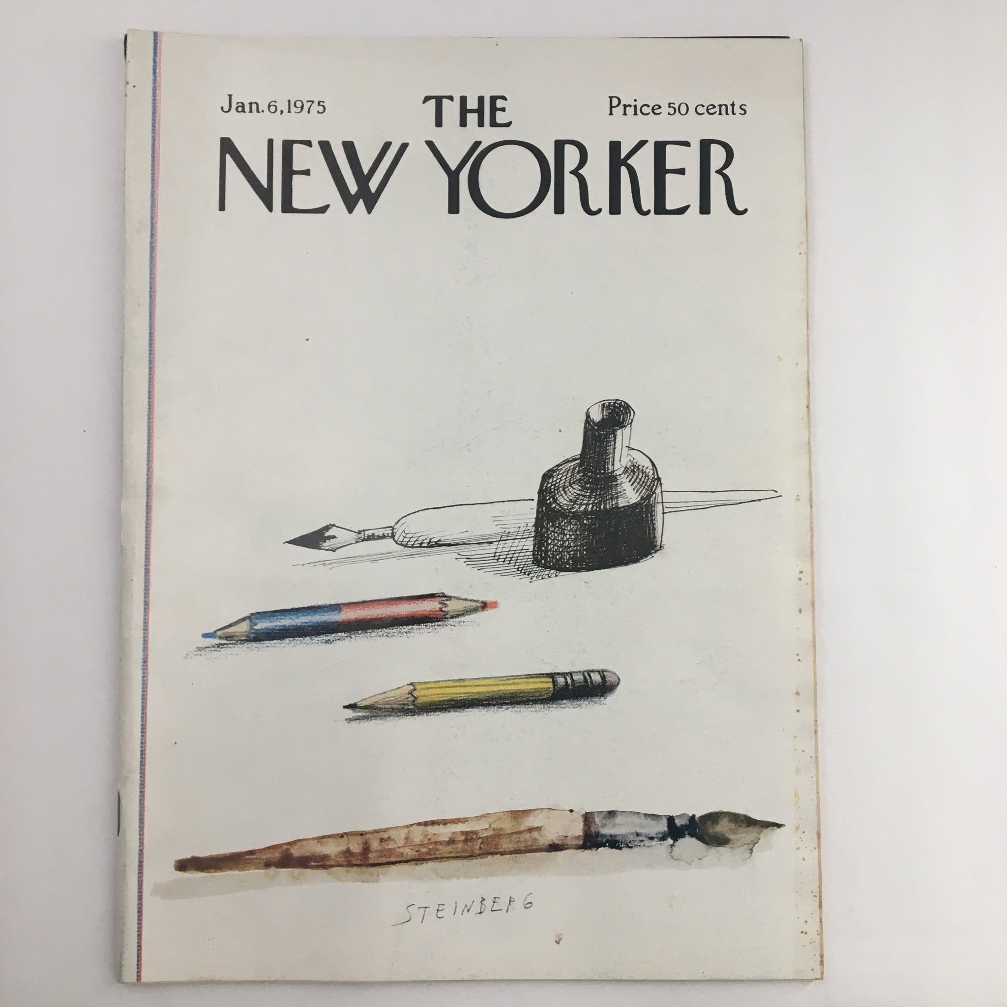 The New Yorker Magazine January 6 1975 cover featuring artwork by Saul Steinberg, showcasing a vintage ink pot, colored pencils, and a paintbrush.