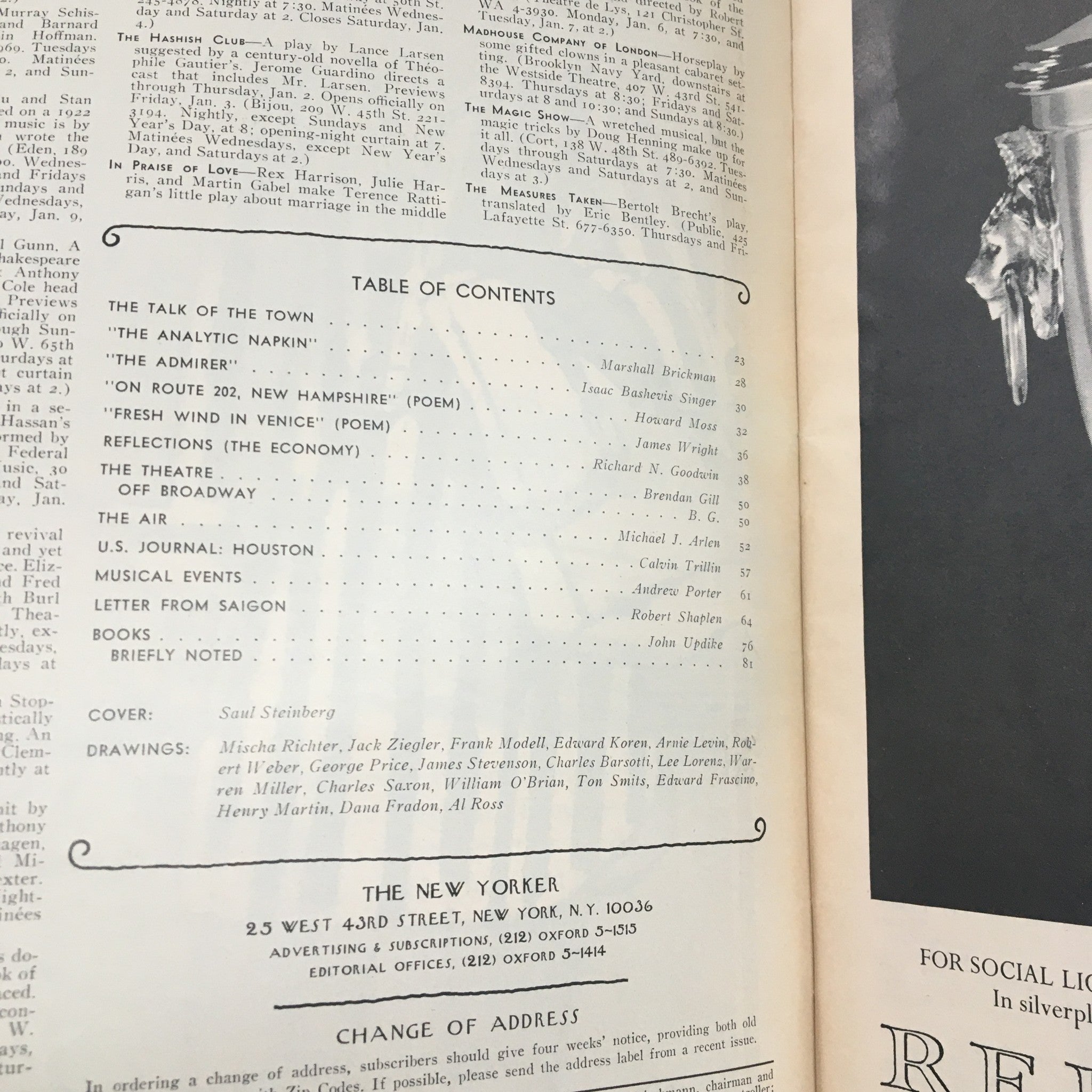 Interior page of The New Yorker Magazine January 6 1975, displaying the table of contents and additional illustrations by Saul Steinberg.