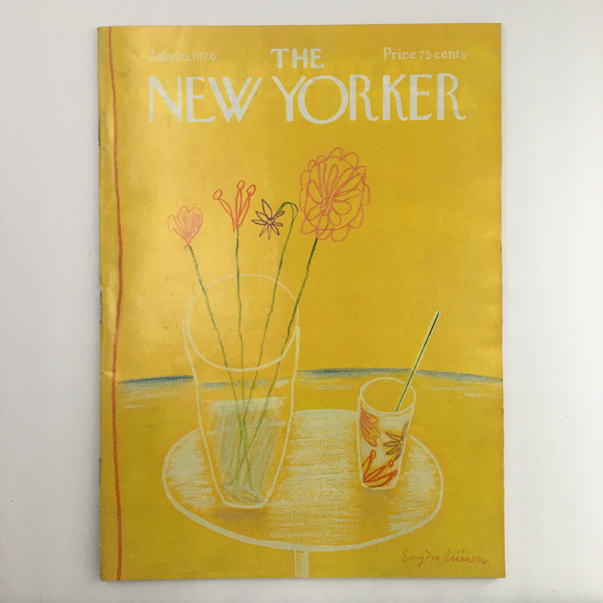 The New Yorker Magazine July 26 1976 cover featuring vibrant yellow background, a vase of flowers, and a drink. Cover art titled 'Flower and Juice' by Eugene Mihaesco.