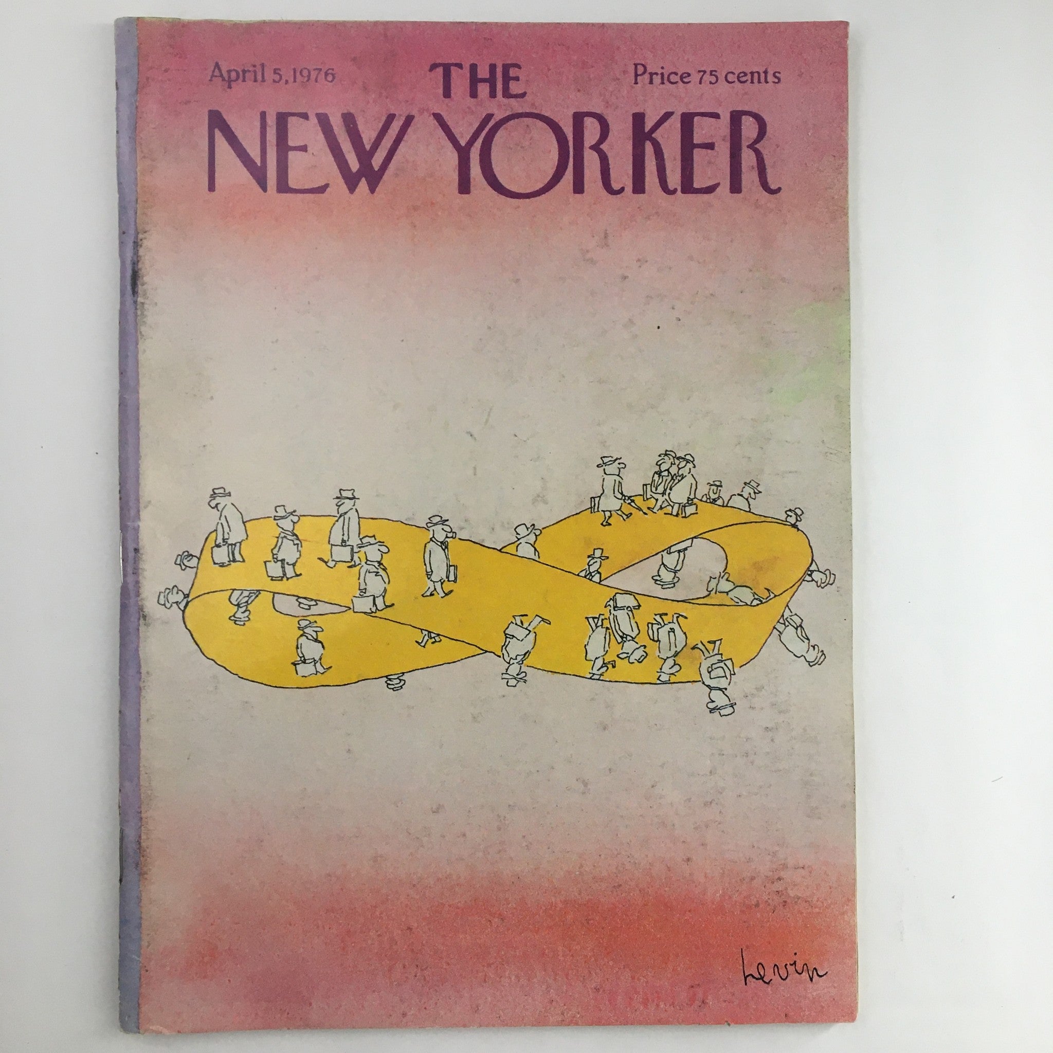 Cover of The New Yorker Magazine dated April 5, 1976 featuring the artwork 'Yellow Mobius Trips' by Arnie Levin, showcasing colorful illustrations and whimsical characters.
