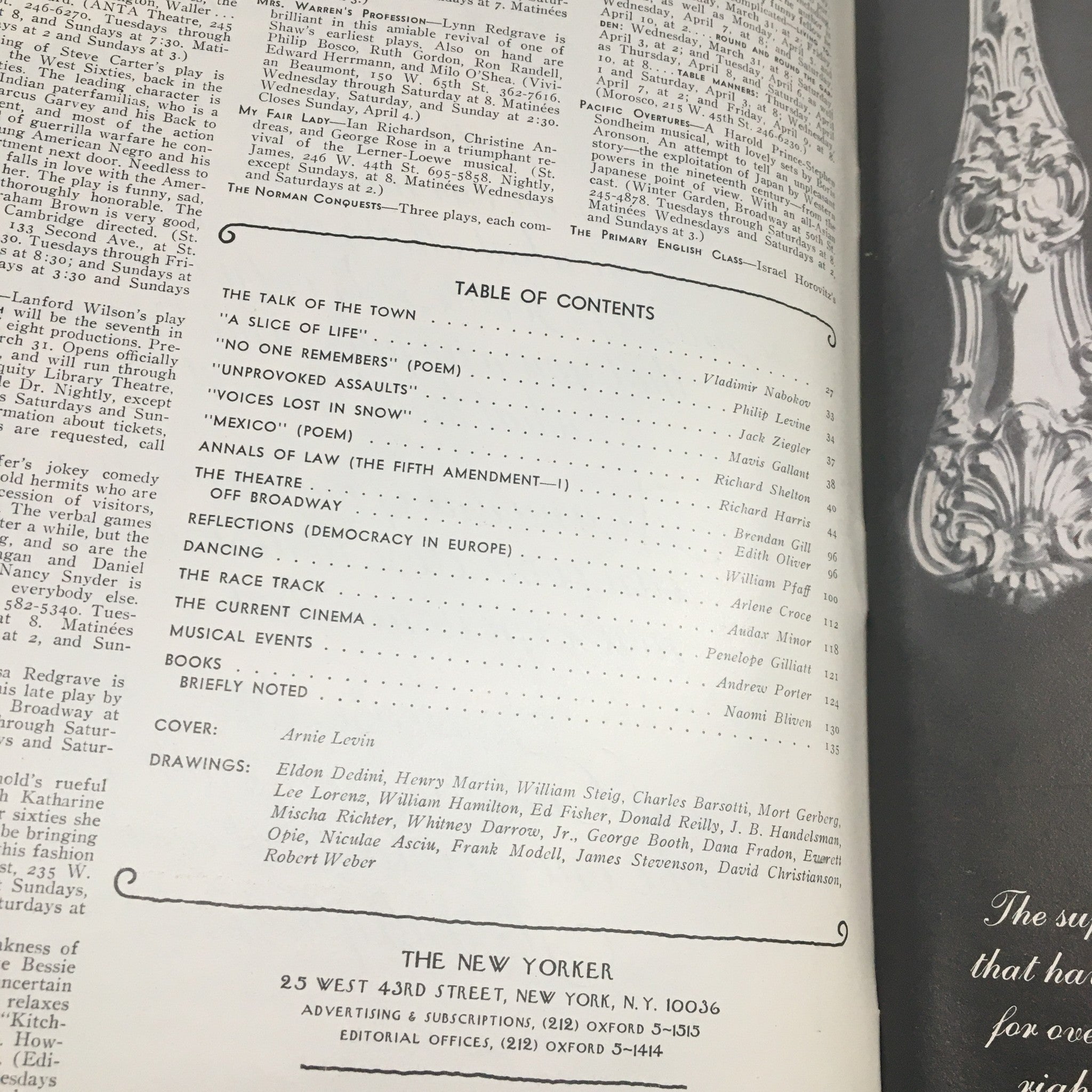 Table of contents from The New Yorker Magazine April 5, 1976, detailing articles and features from that issue including 'The Talk of the Town', poems, and commentary.