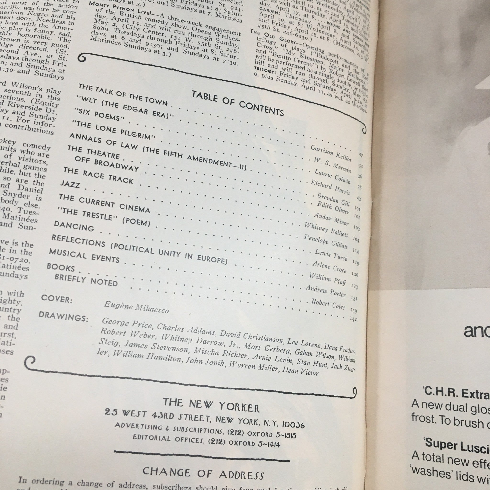 Table of contents from The New Yorker Magazine April 12, 1976, including coverage by Eugene Mihaesco and a variety of articles and stories reflective of the era.