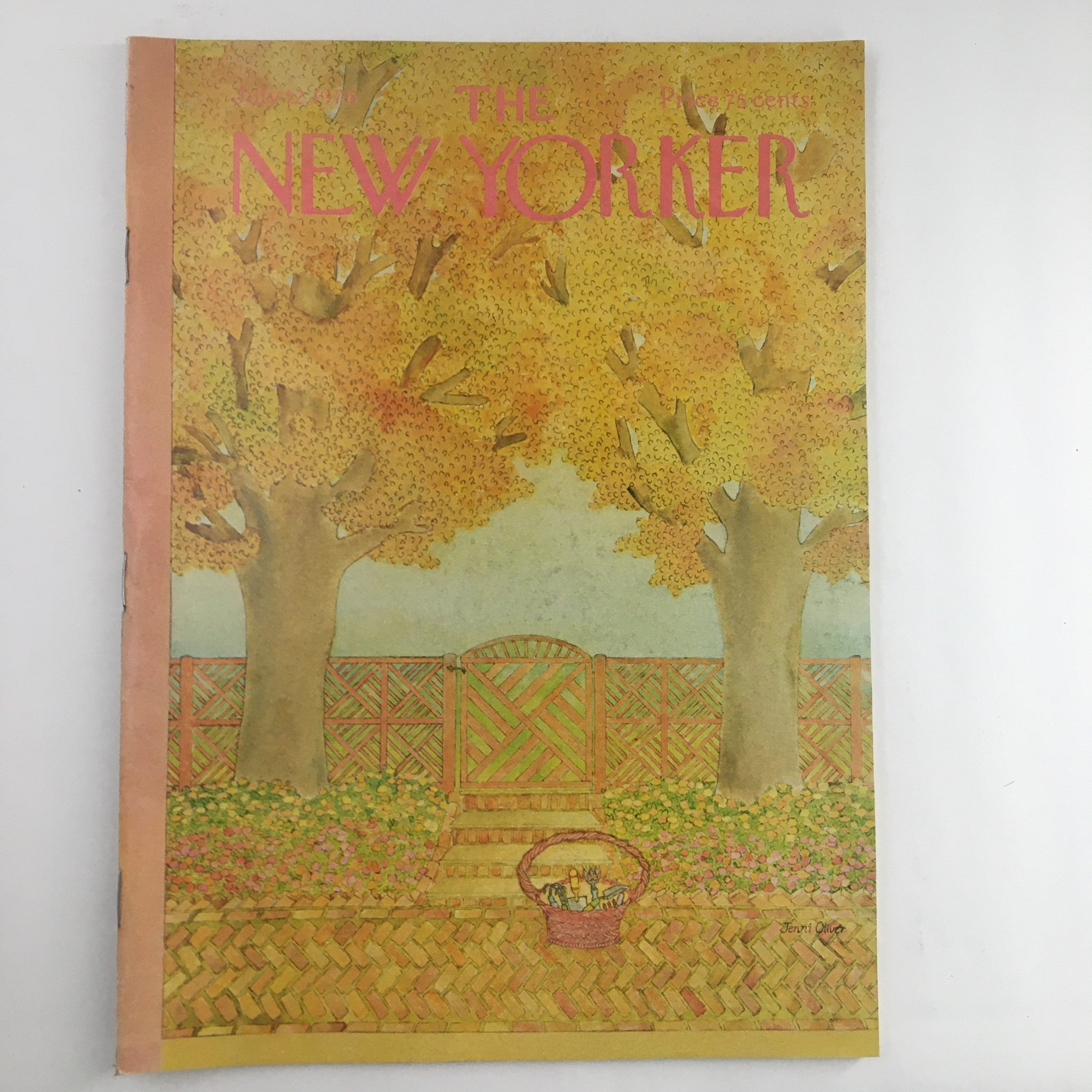 The New Yorker Magazine July 12 1976 featuring the cover art 'Autumn Basket' by Jenni Oliver, showcasing a vibrant autumn scene with trees and a decorative fence.