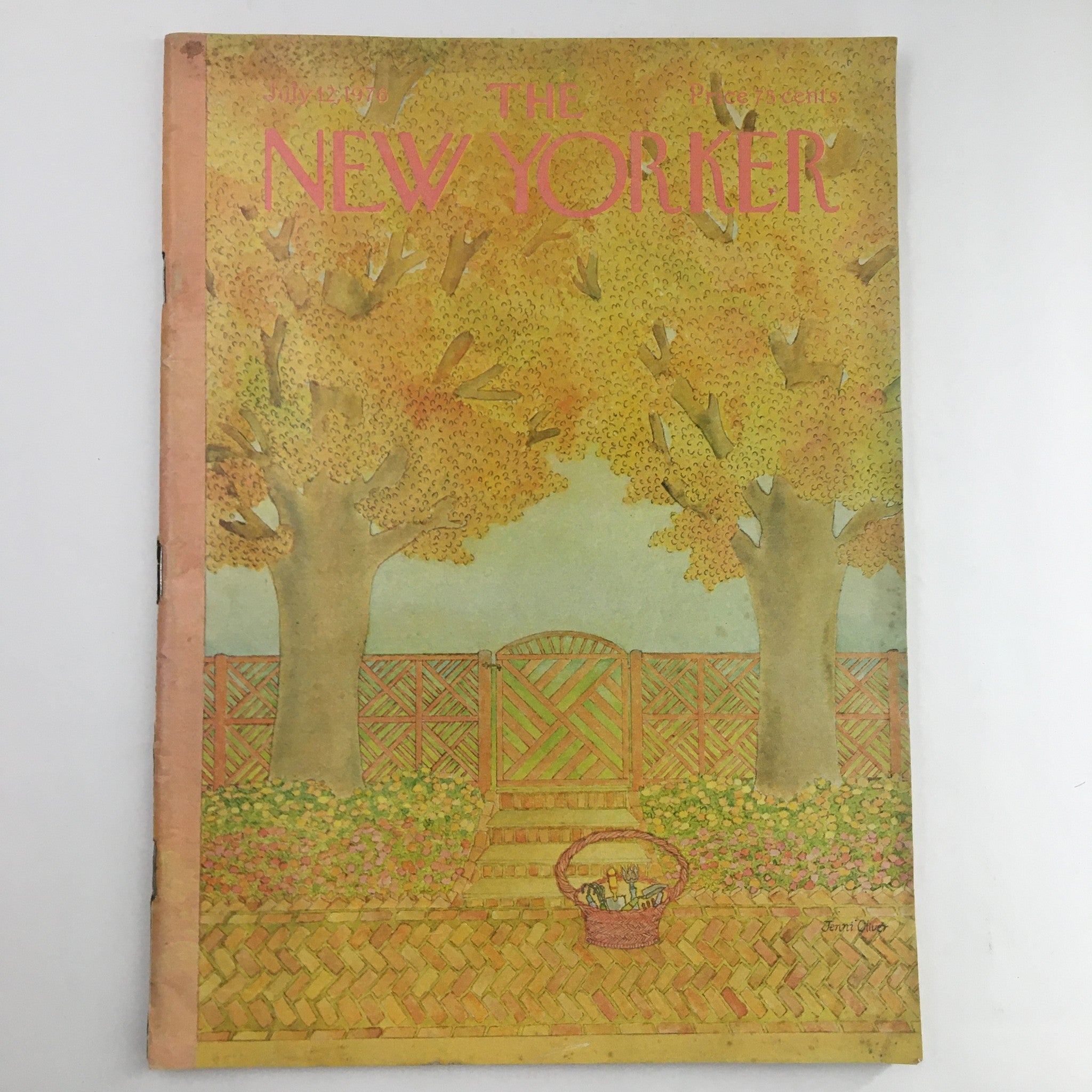 Cover of The New Yorker Magazine from July 12, 1976, featuring the artwork 'Basket in Autumn' by Jenni Oliver with autumnal colors and trees.