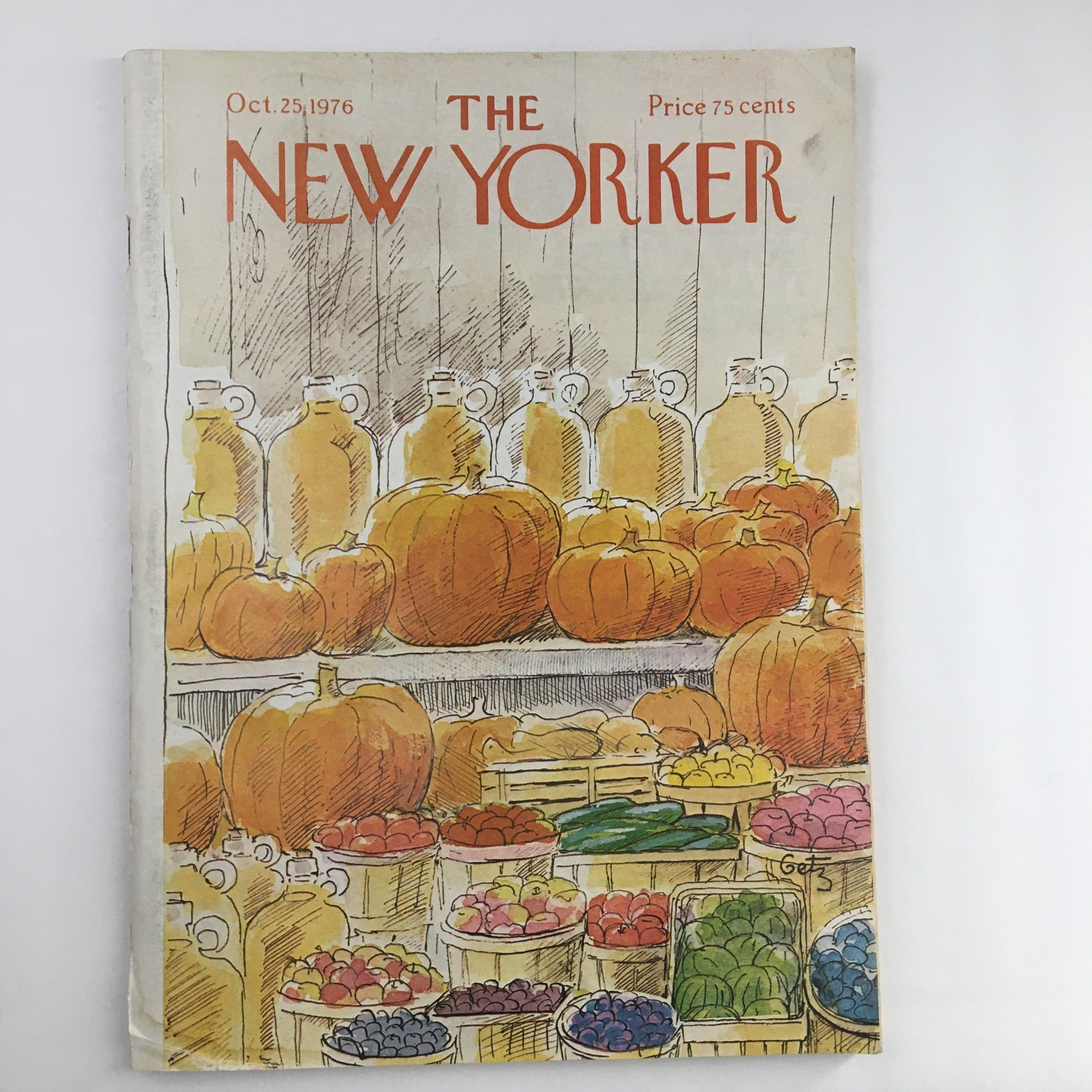 Cover of The New Yorker Magazine dated October 25, 1976, featuring a charming illustration titled 'Vegetable Stand' by Arthur Getz, showcasing pumpkins and fresh produce.