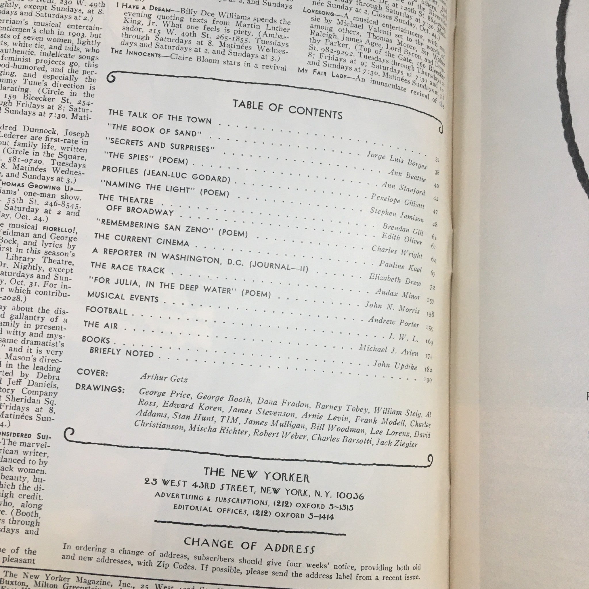 Table of contents page from The New Yorker Magazine October 25, 1976, highlighting featured articles and artwork by various contributors, including the notable cover artist Arthur Getz.