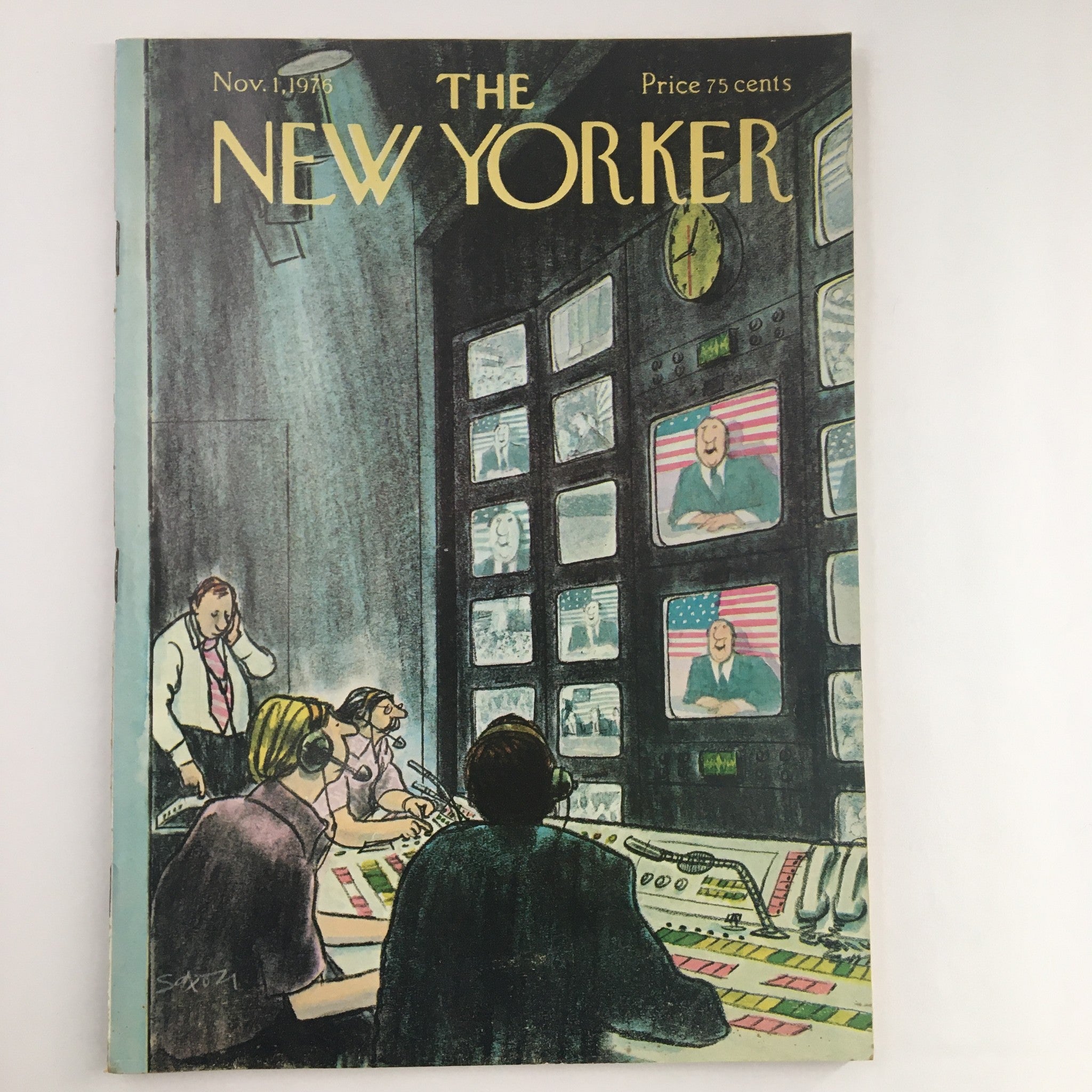 Cover of The New Yorker Magazine November 1 1976 featuring the illustration 'Broadcasting Control' by Charles Saxon, depicting a television control room with staff and screens.