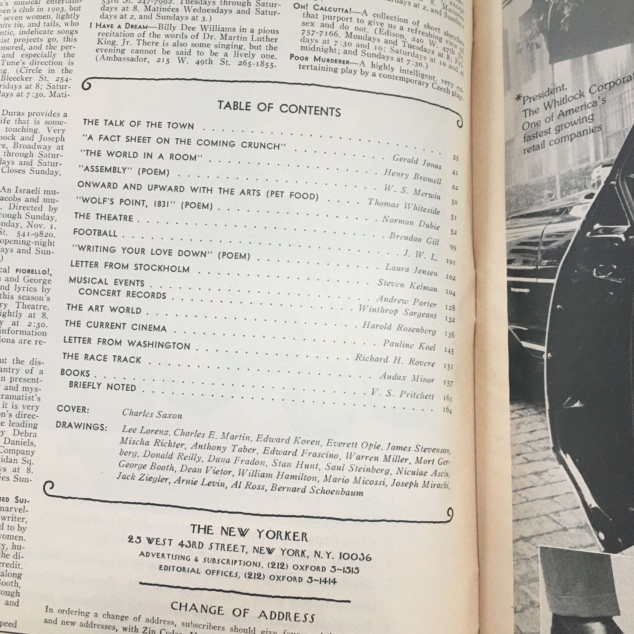 Table of contents page from The New Yorker Magazine November 1 1976, listing articles and features, with a cover by Charles Saxon.