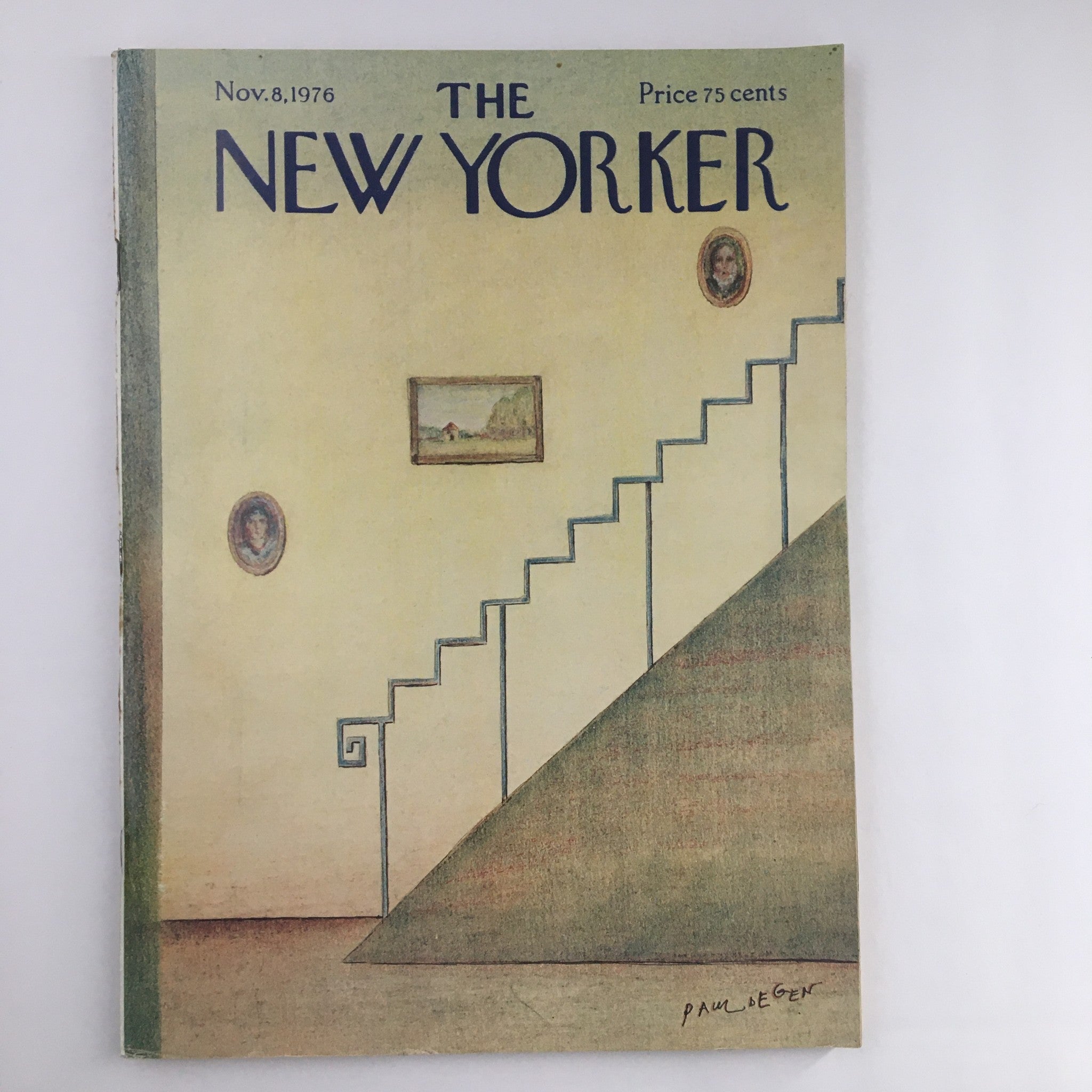 The New Yorker Magazine cover from November 8, 1976, featuring the artwork 'Paintings at Staircase' by Paul Degen, showcasing a staircase and artworks on the wall, representing classic literary and artistic culture.