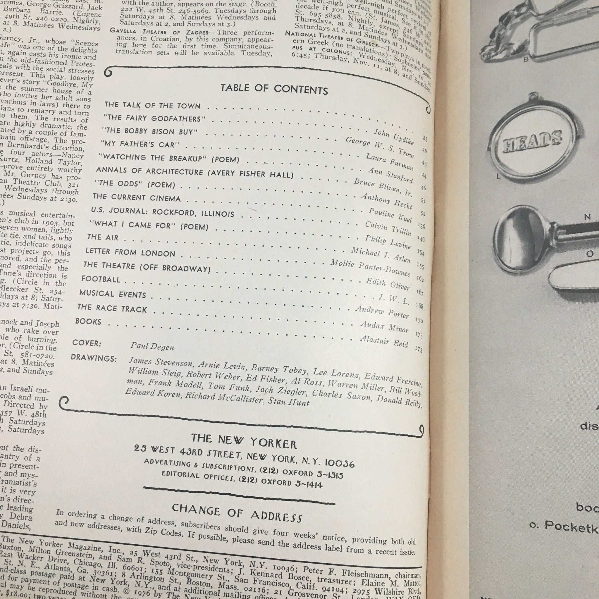 Table of contents page from The New Yorker Magazine, November 8, 1976, detailing featured articles and contributors, with cover artwork credited to Paul Degen.