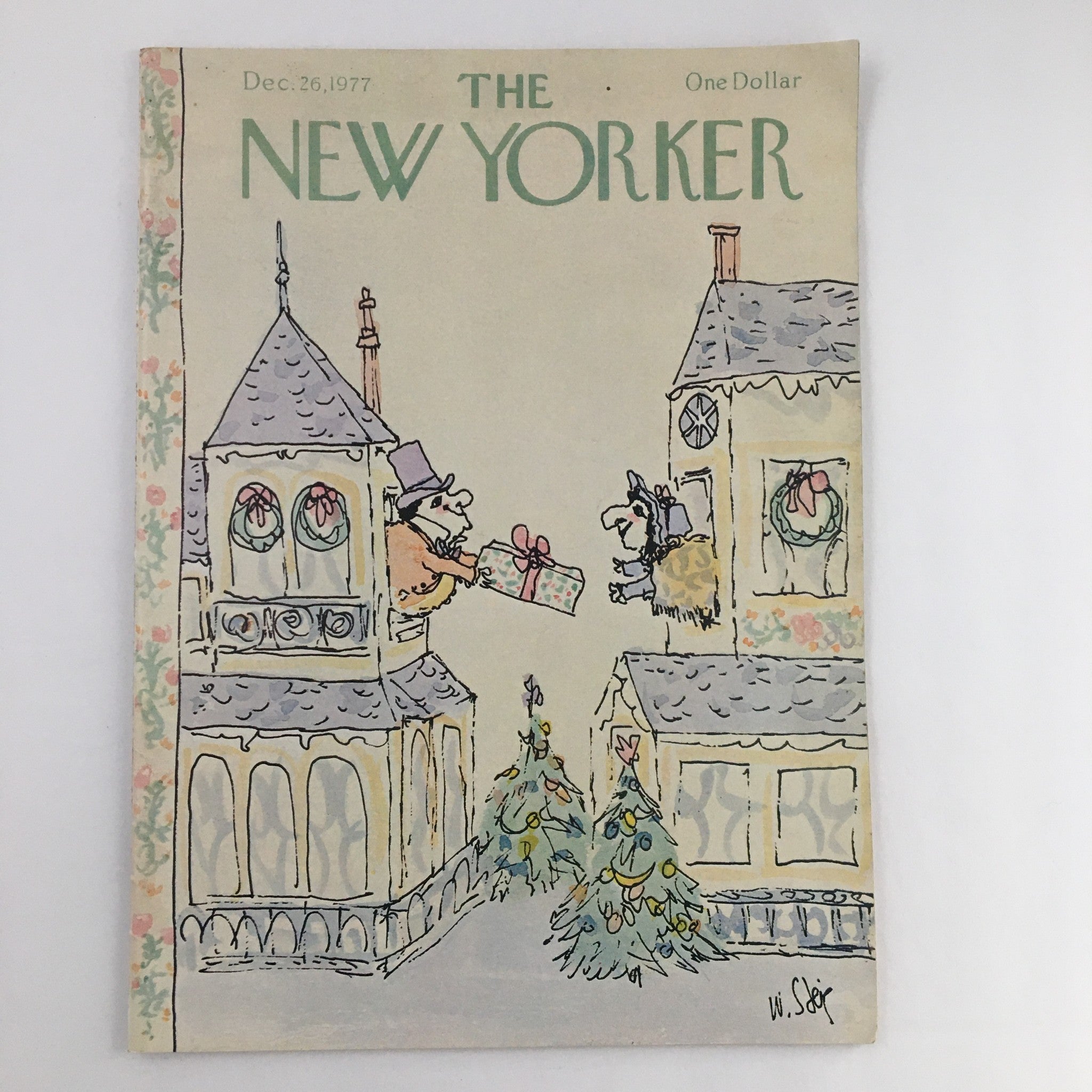Cover of The New Yorker Magazine December 26 1977 featuring whimsical illustration by William Steig, depicting holiday gift exchange with festive decorations.
