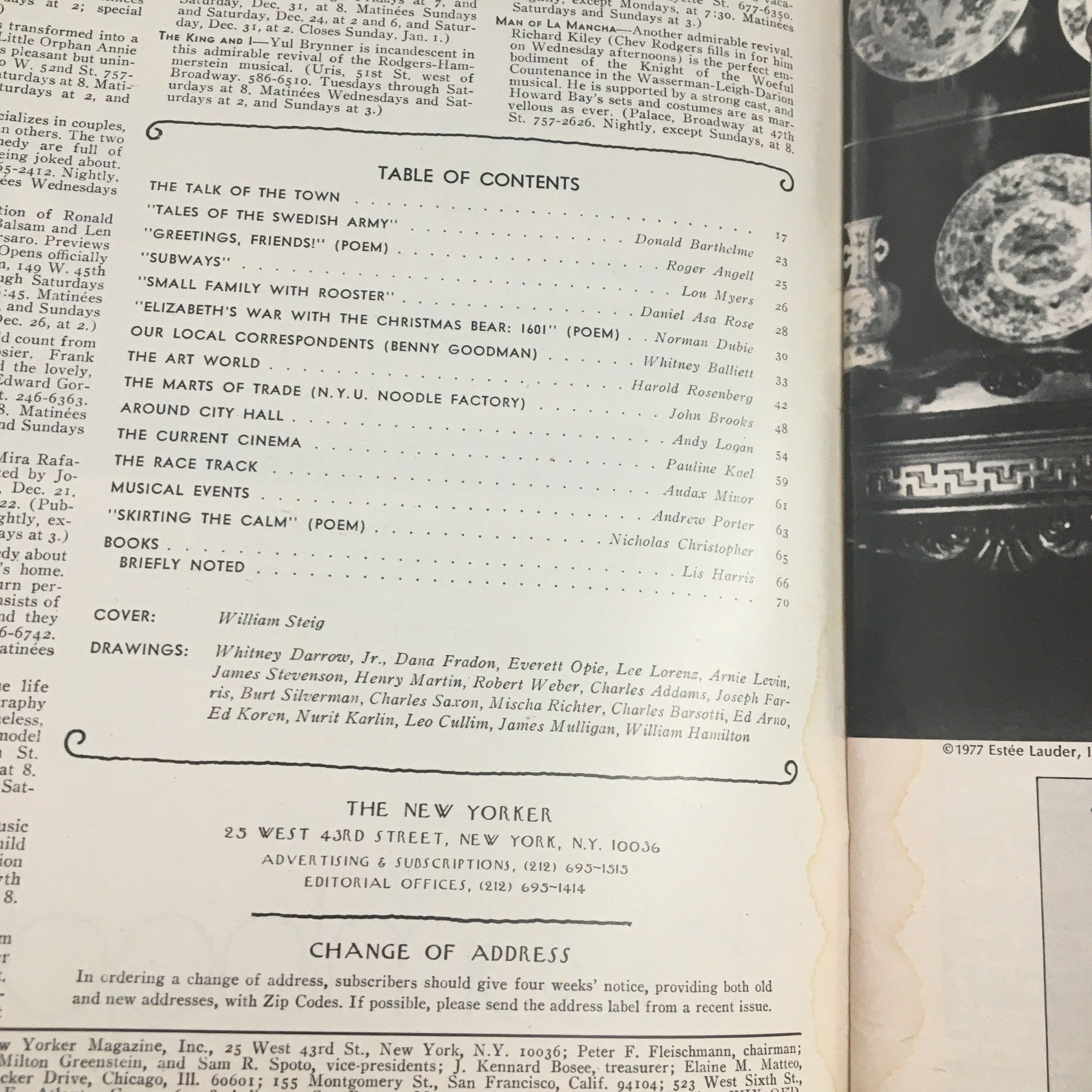 Table of Contents from The New Yorker Magazine December 26 1977 showcasing articles and poems including 'The Talk of the Town', 'Tales of the Swedish Army', and cover artwork by William Steig.
