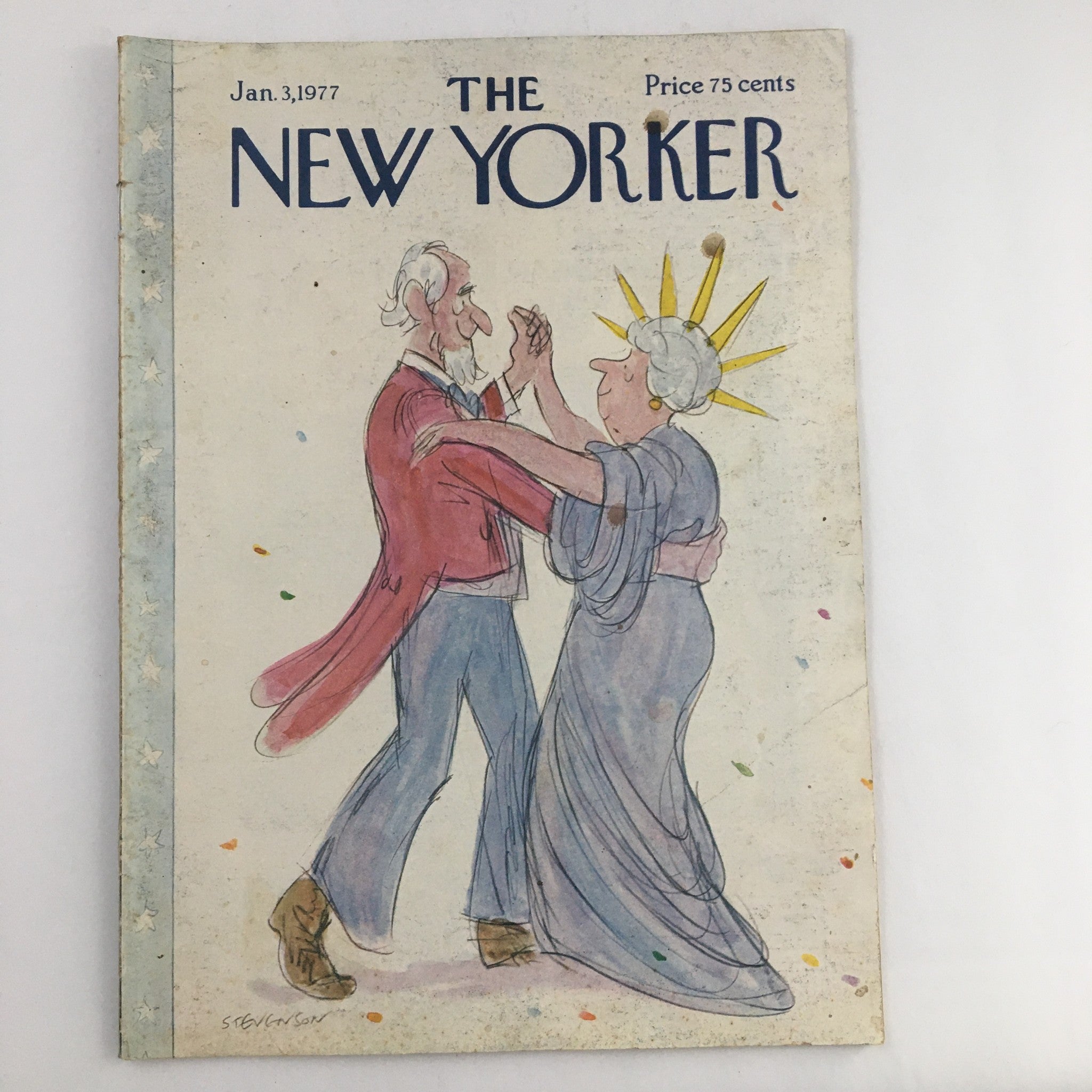 The New Yorker Magazine January 3 1977 cover featuring Uncle Sam and Lady Liberty dancing, illustrated by James Stevenson, in vintage condition.