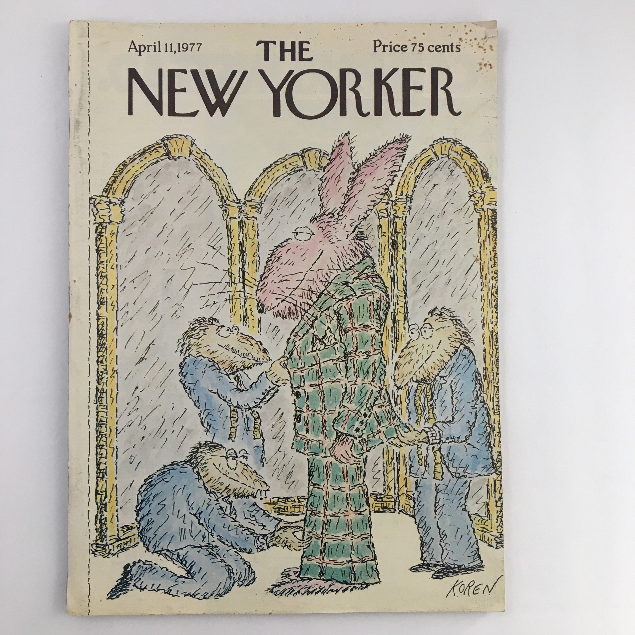 The New Yorker Magazine April 11, 1977 cover featuring whimsical illustration of an anthropomorphic rabbit dressed in a suit, surrounded by animal figures, artwork by Edward Koren.