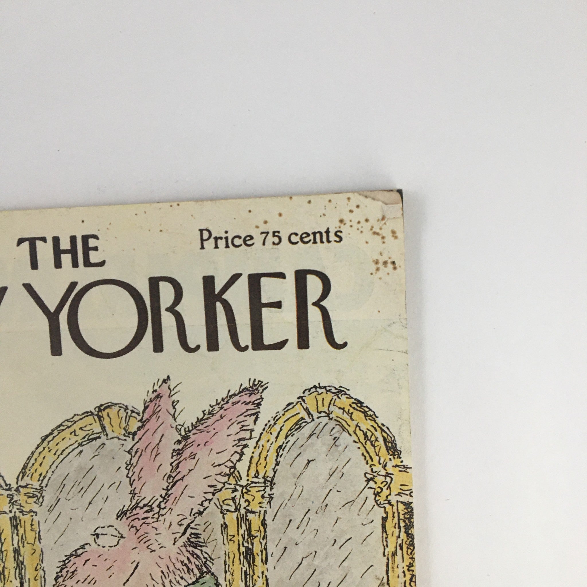 Cover of The New Yorker Magazine April 11 1977 featuring the illustration 'Animal Fitting' by Edward Koren, showcasing a whimsical animal with mirrors.