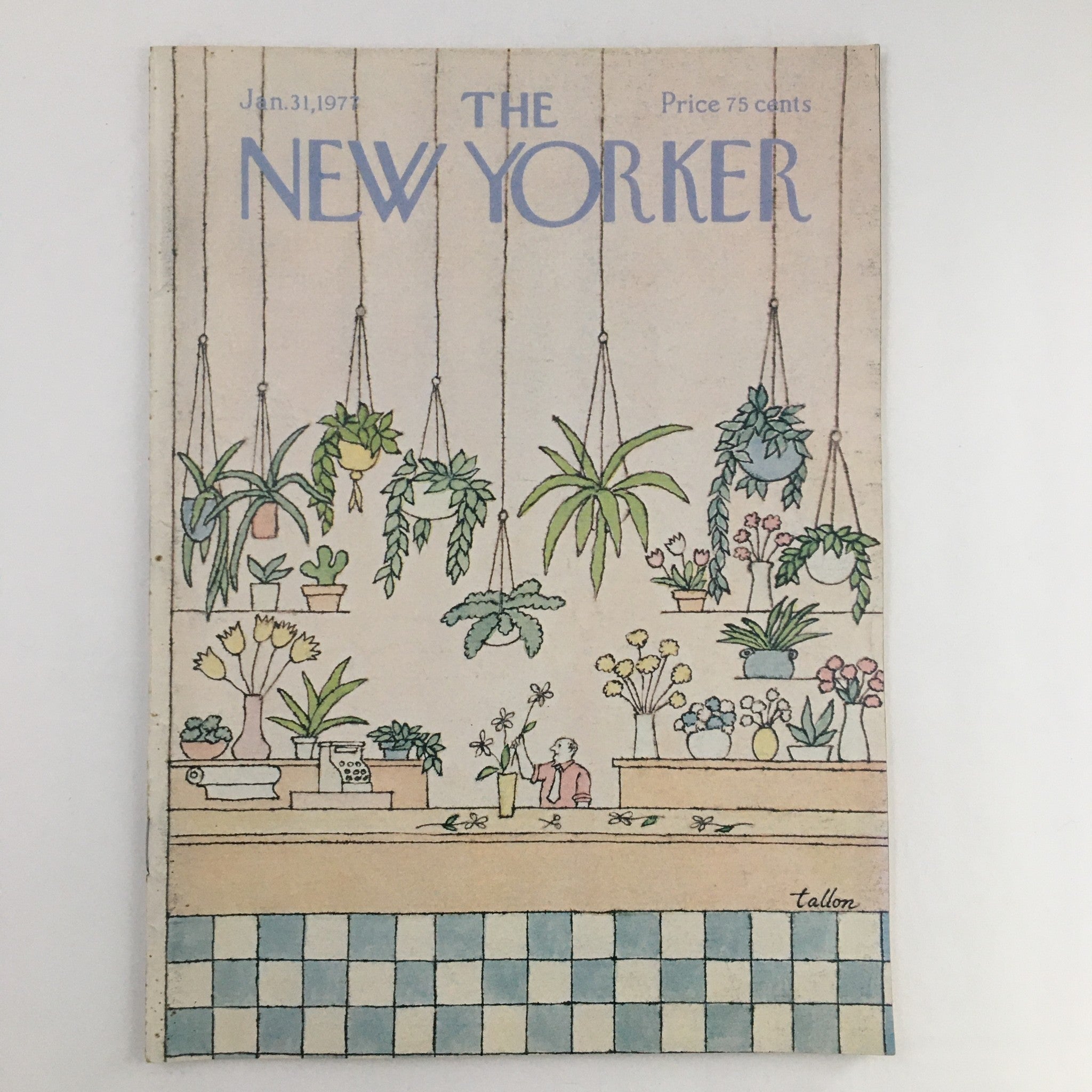 Cover of The New Yorker Magazine January 31 1977 featuring artwork titled Hanging Plants by Robert Tallon, showcasing various hanging plants and floral arrangements.
