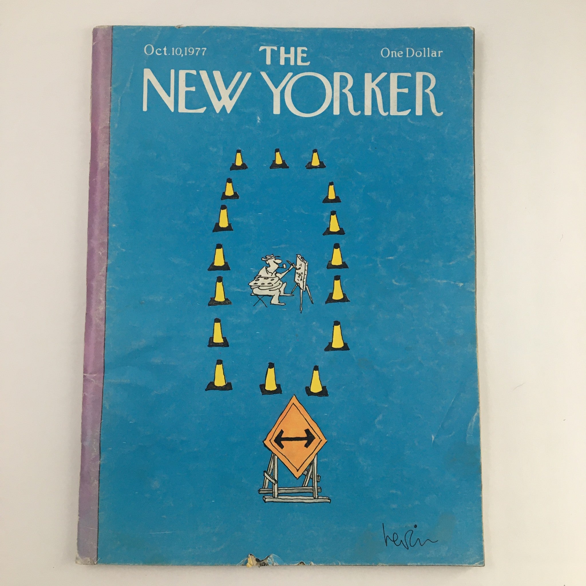 Cover of The New Yorker Magazine, October 10, 1977, titled 'Artists & Traffic Cones' by Arnie Levin, featuring a whimsical illustration of a cartoon character surrounded by traffic cones.