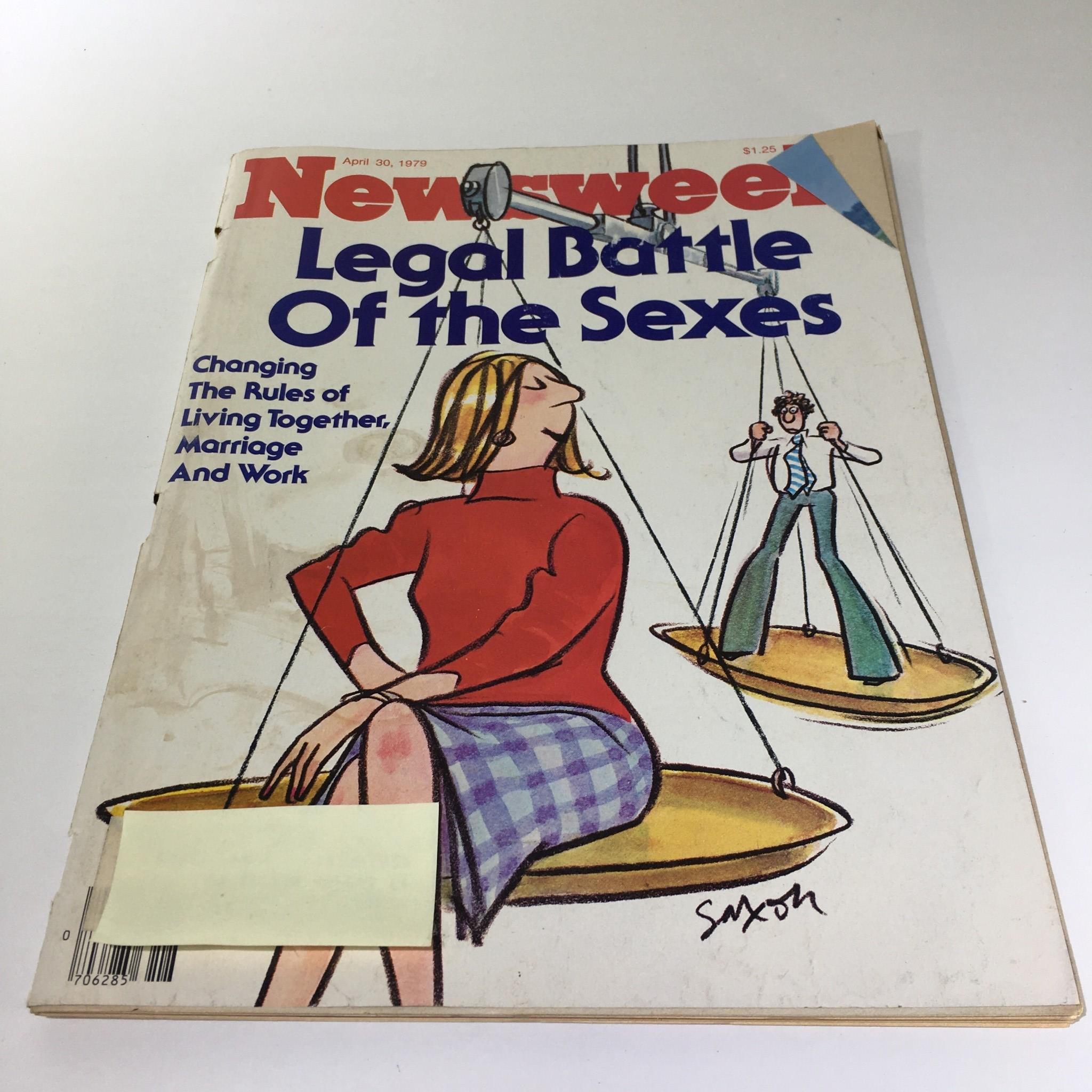 Cover of Newsweek Magazine from April 30, 1979, featuring the article 'Legal Battle of the Sexes,' illustrated with a man and woman on scales, symbolizing gender dynamics in society.