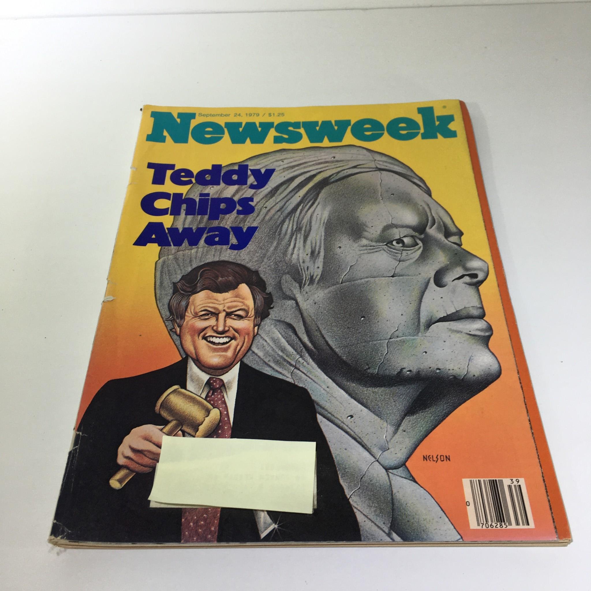Cover of Newsweek Magazine, September 24, 1979, featuring the title 'Teddy Chips Away' with a caricature of a smiling man holding a gavel beside an image of a sculpted face. This vintage magazine captures a significant moment in American history and politics.