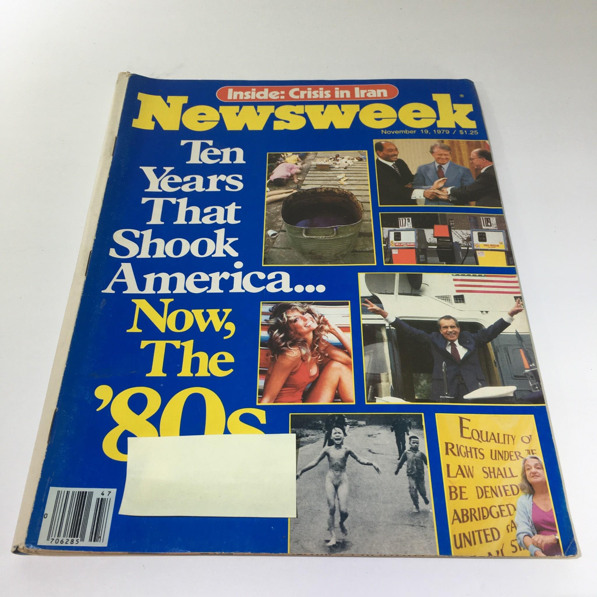 Cover of Newsweek Magazine from November 19, 1979, titled '10 Years That Shook America: Now the '80s', featuring key headlines, images of historical events and notable figures from the 1970s, offering a glimpse into American history.