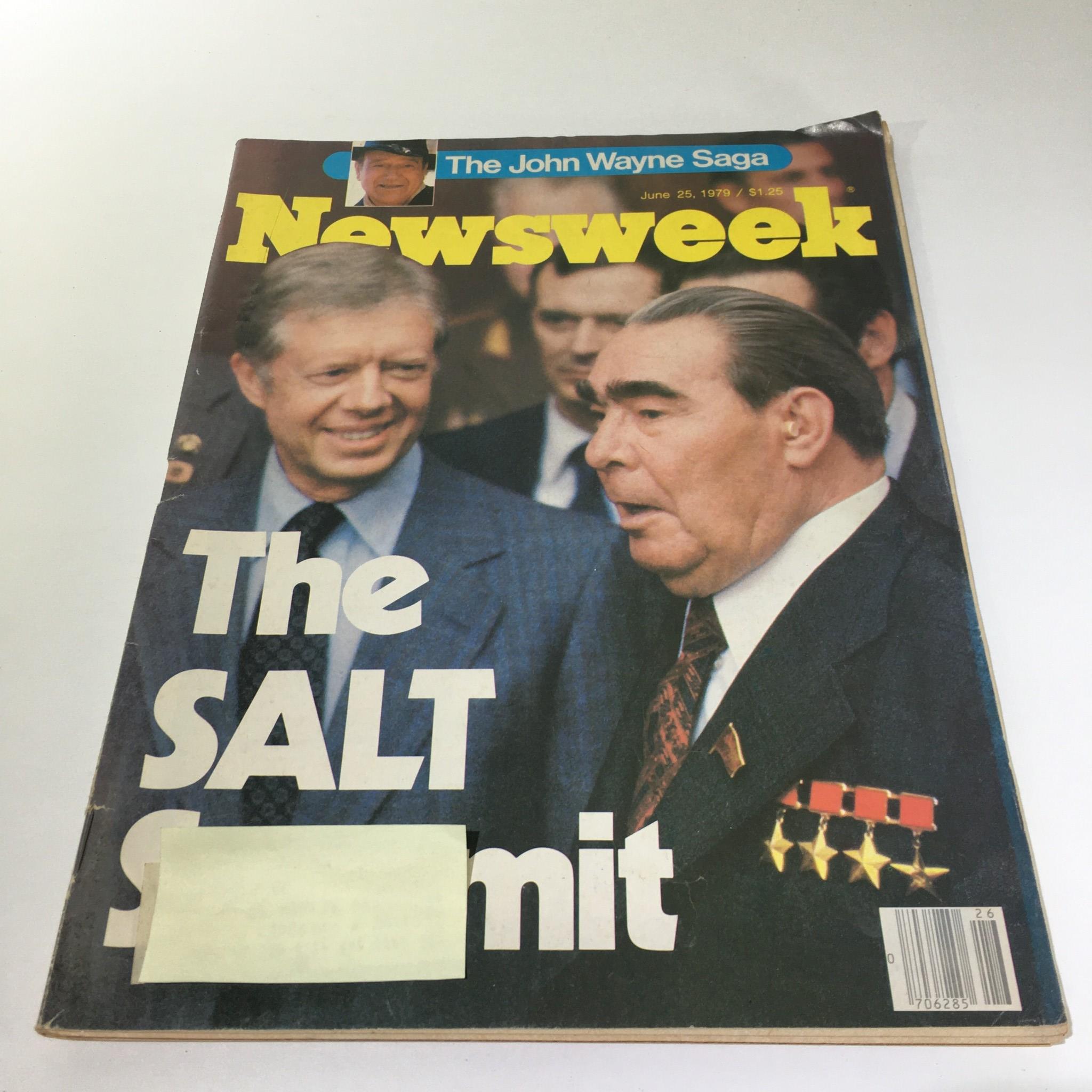 Cover of Newsweek Magazine from June 25, 1979, featuring the title 'The Salt Summit'. The image shows two prominent leaders, along with a caption related to 'The John Wayne Saga', highlighting a significant environmental discussion.