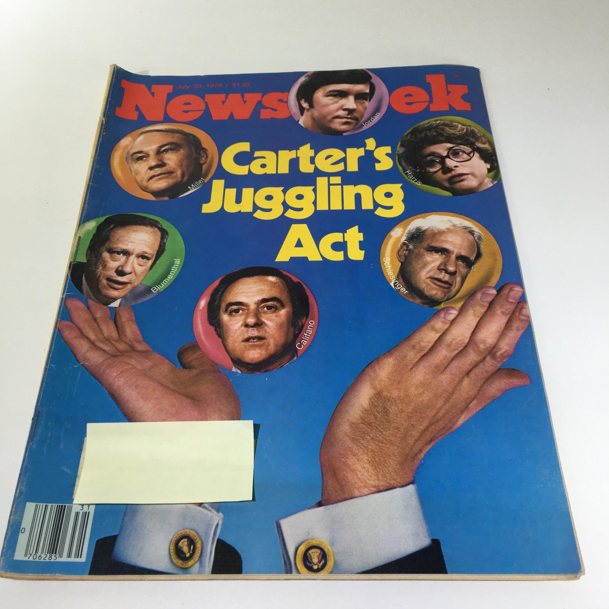 Newsweek Magazine from July 30, 1979 featuring the cover story 'Carter's Juggling Act', showcasing various political figures against a vibrant blue background. The magazine reflects historical events and challenges during Jimmy Carter's presidency.