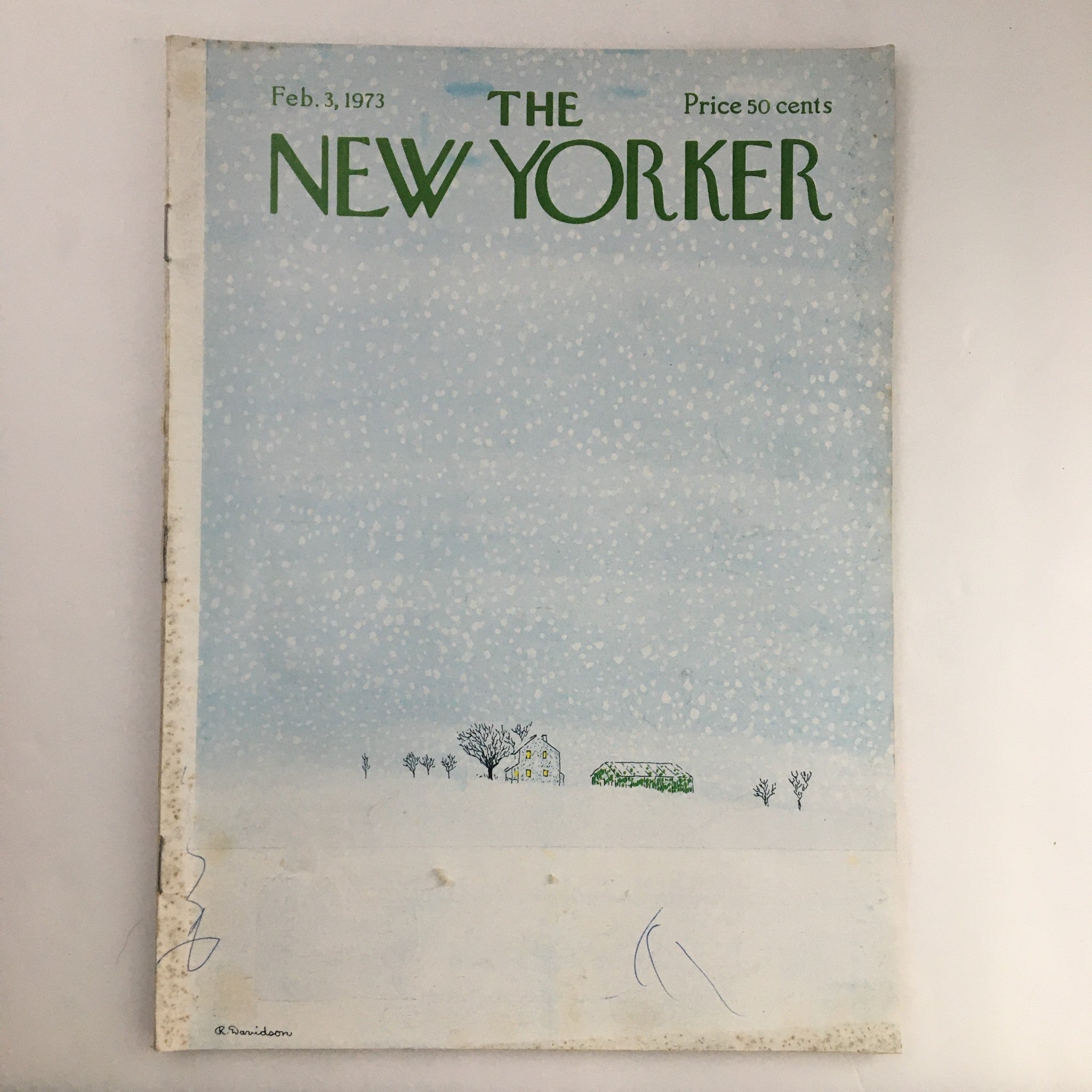 Cover of The New Yorker Magazine February 3, 1973 featuring artwork titled 'Winter House' by Raymond Davidson, showcasing a winter landscape with snow-covered ground and a serene blue sky.