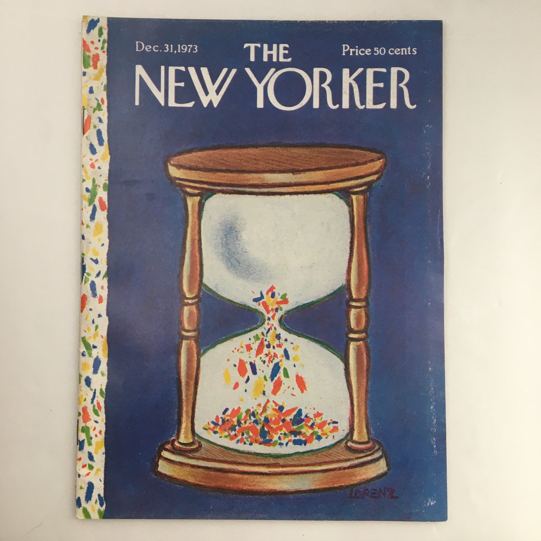 The New Yorker Magazine December 31 1973 featuring the Hour Glass Countdown cover art by Lee Lorenz, showcasing an hourglass with colorful confetti against a blue background.