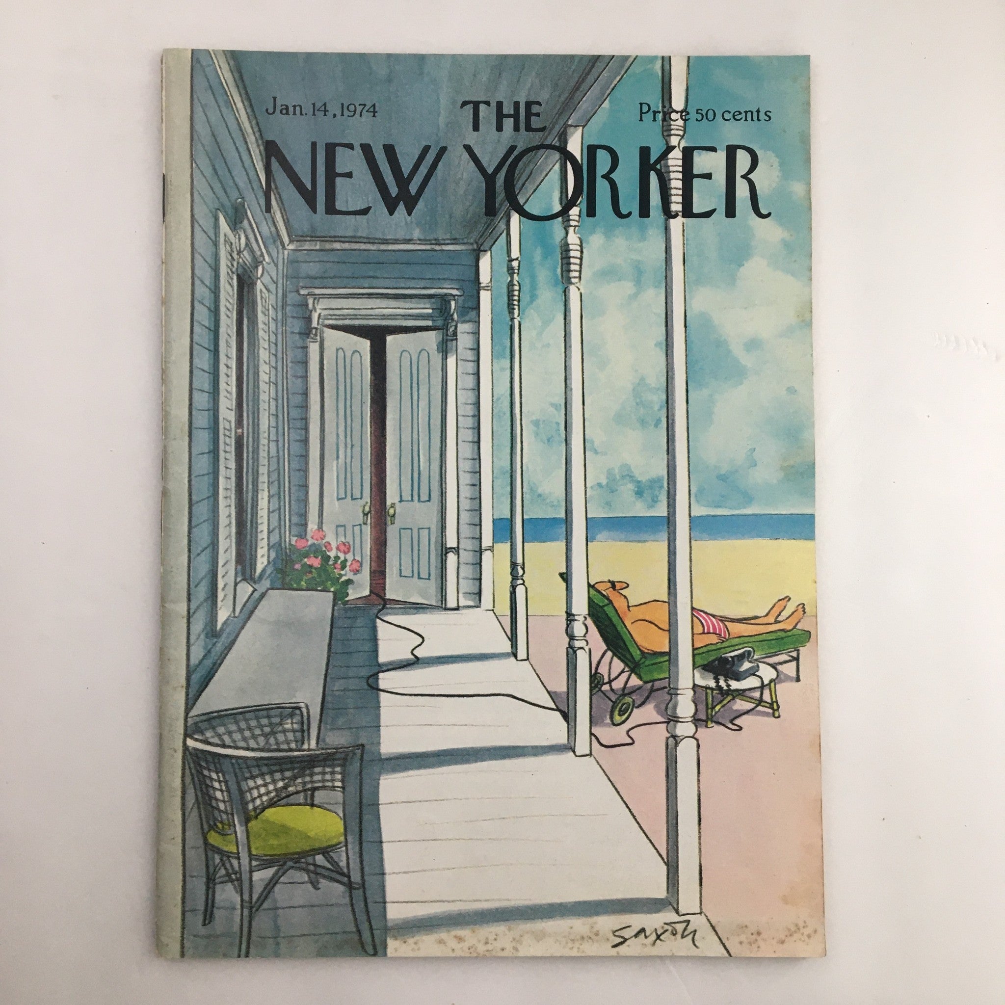 Cover of The New Yorker Magazine January 14, 1974 featuring the artwork 'Summer House' by Charles Saxon, showcasing a porch view with a beach scene.