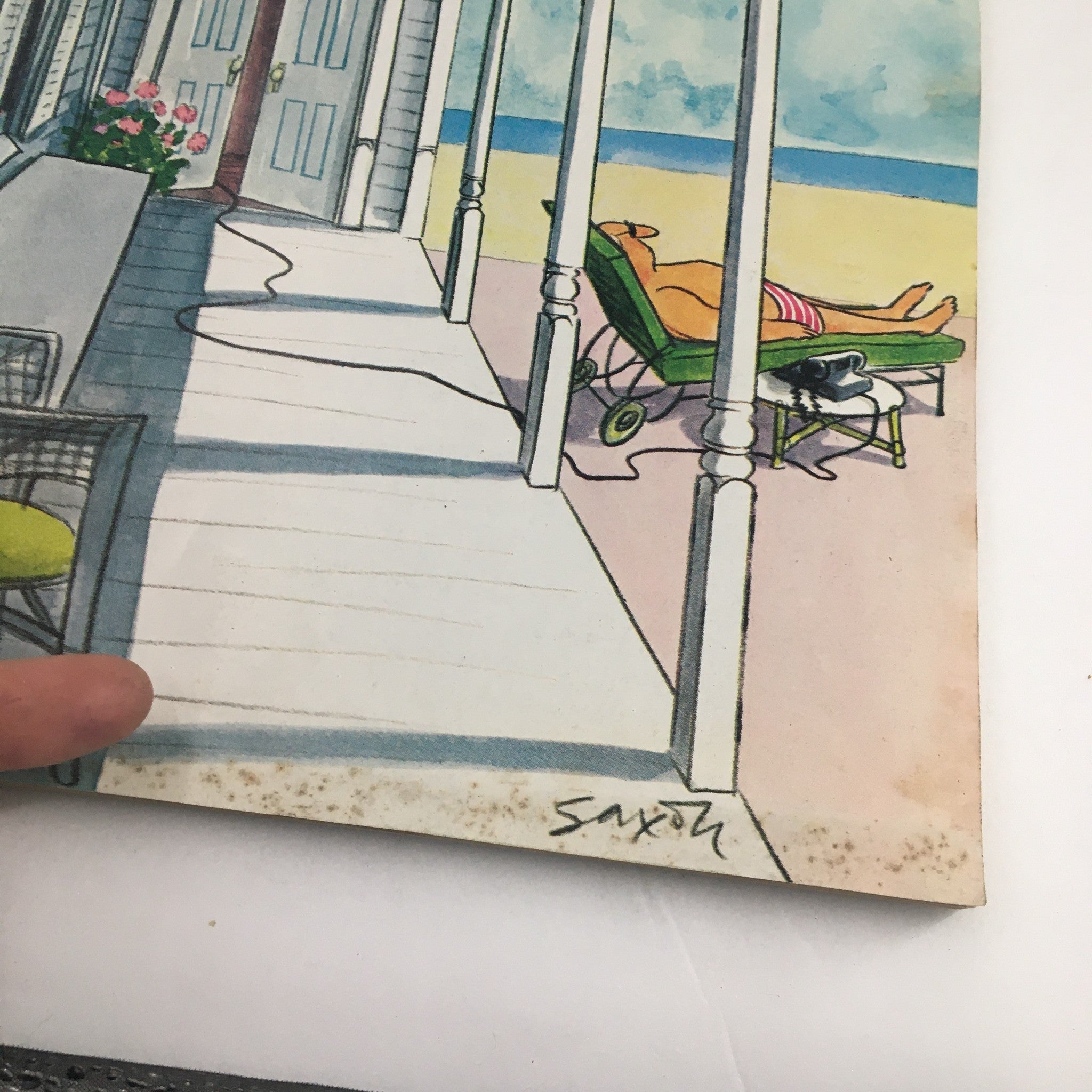 Close-up of the cover art 'Summer House' from The New Yorker Magazine January 14, 1974 by Charles Saxon, detailing the architectural elements and beach setting.