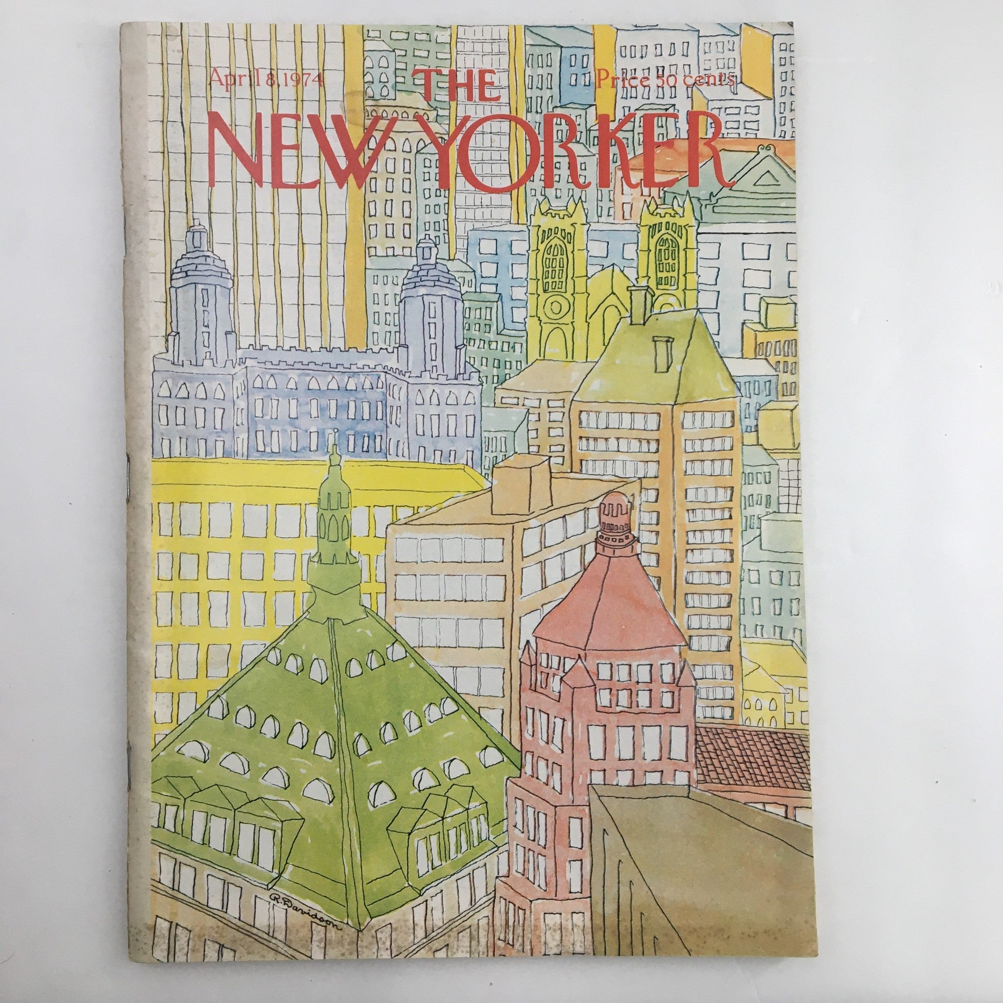 Cover of The New Yorker Magazine April 8 1974 featuring an illustration of city buildings and skyline with bright colors, highlighting architectural details by Raymond Davidson.
