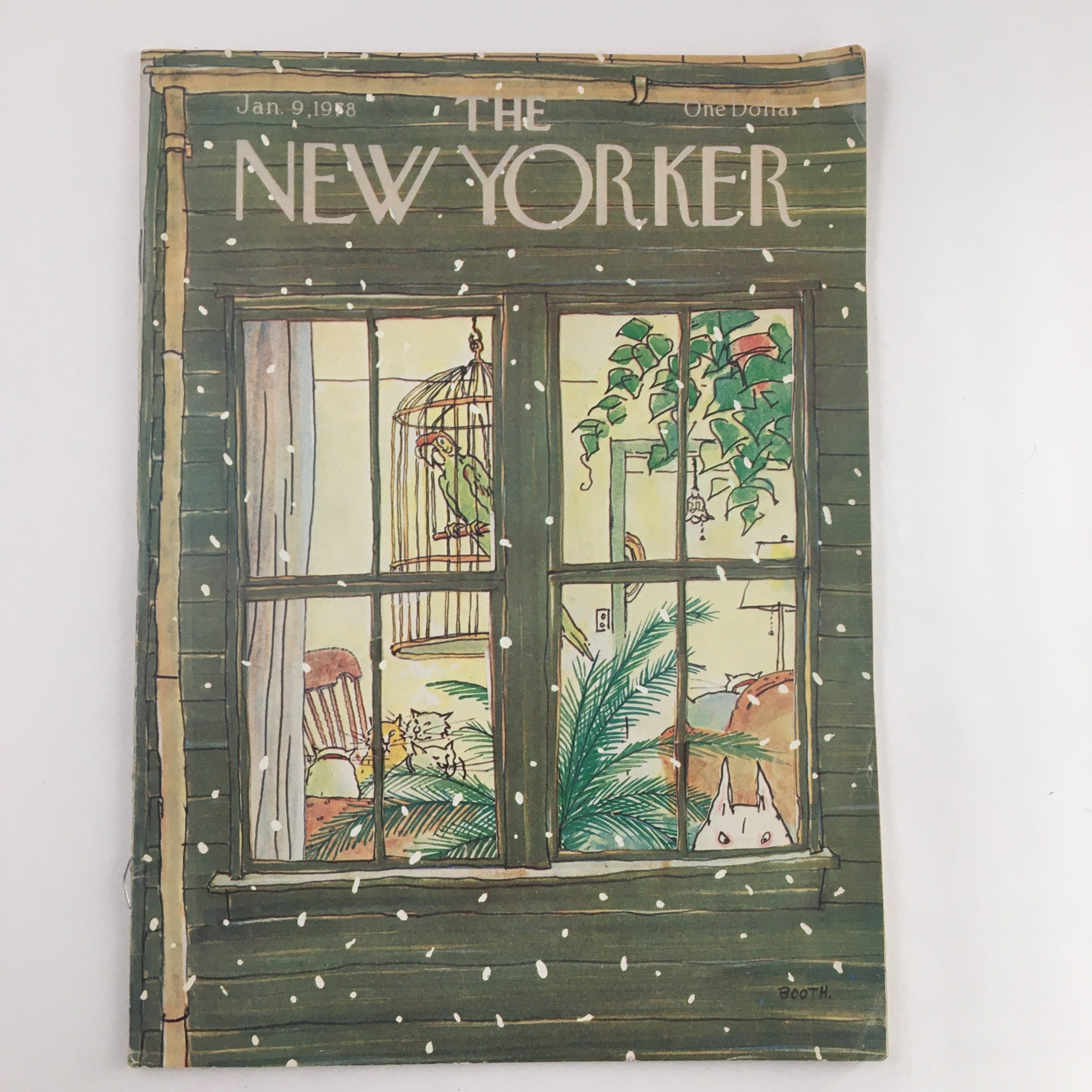 Cover of The New Yorker Magazine January 9, 1978, featuring a charming illustration of a parrot in a cage, surrounded by snow, plants, and a cozy interior scene by George Booth.