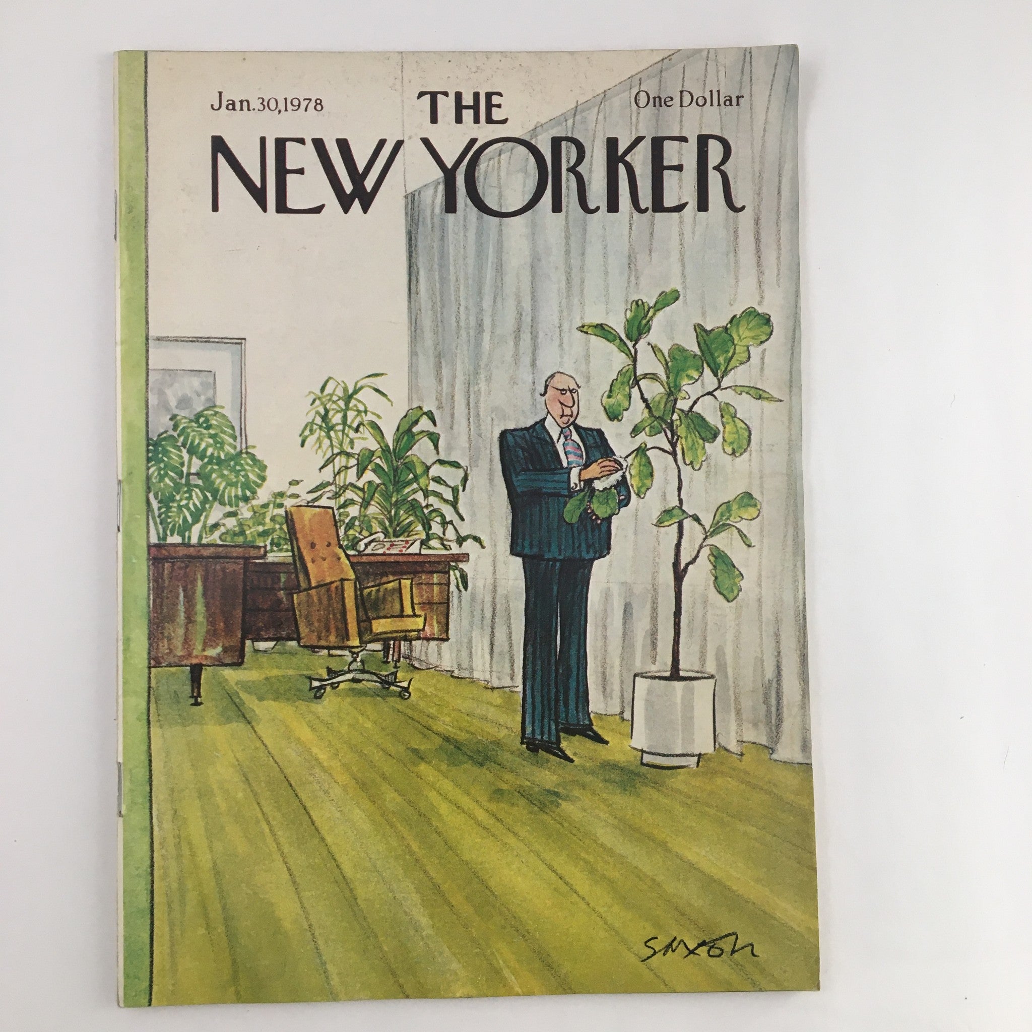 The New Yorker Magazine January 30 1978 cover illustration by Charles Saxon featuring a man tending to plants in an indoor setting. The artwork captures the essence of the late 1970s with a serene and reflective atmosphere.