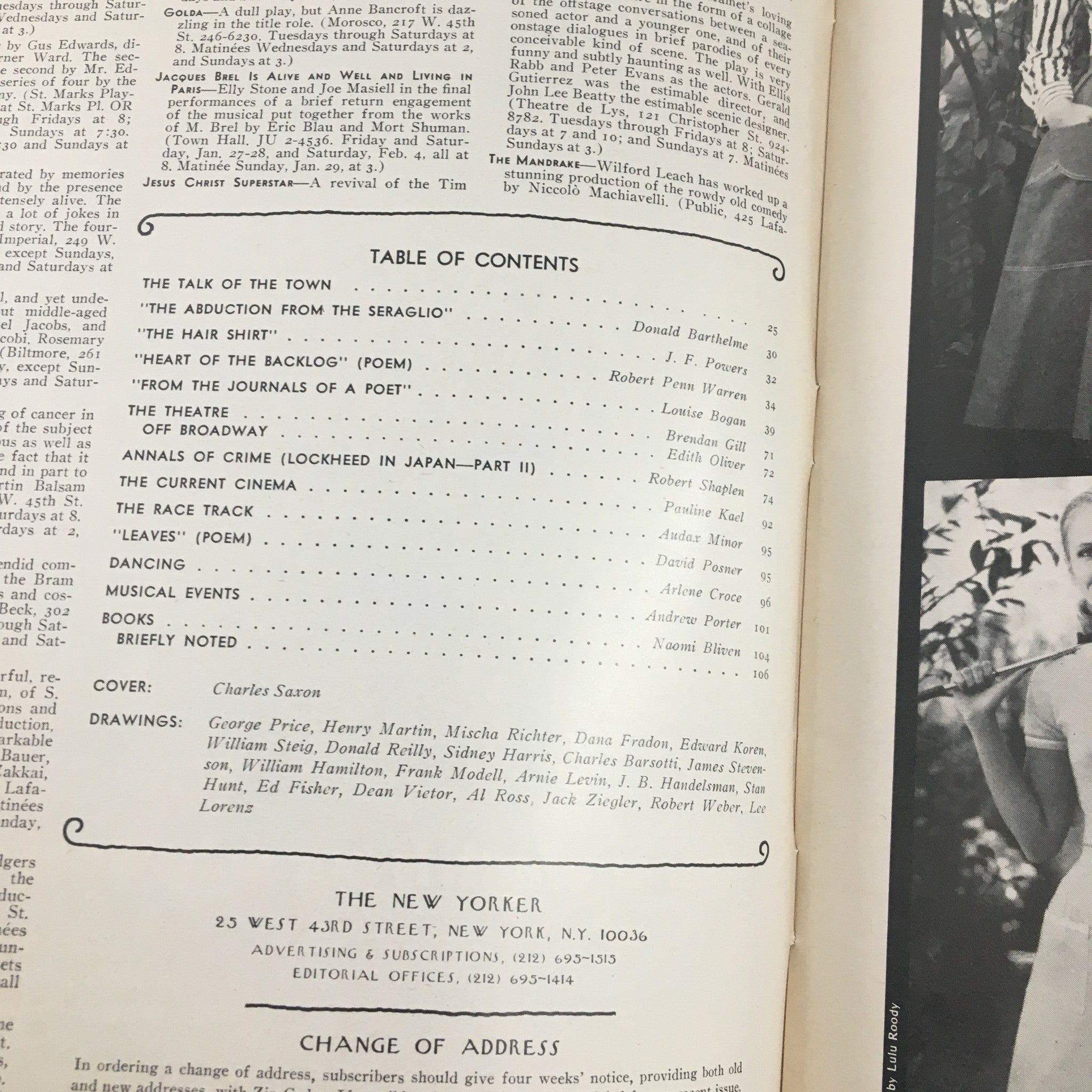 The New Yorker Magazine January 30 1978 table of contents highlighting various articles and features. The page showcases the magazine's focus on culture, art, and the political landscape of the time.