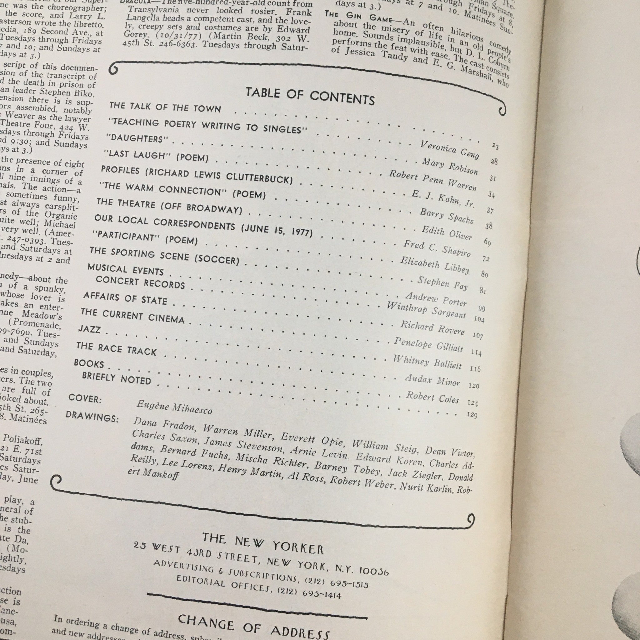 Table of Contents from The New Yorker Magazine June 12 1978, listing articles and features, including contributions from various writers and a drawing by Eugene Mihaesco.