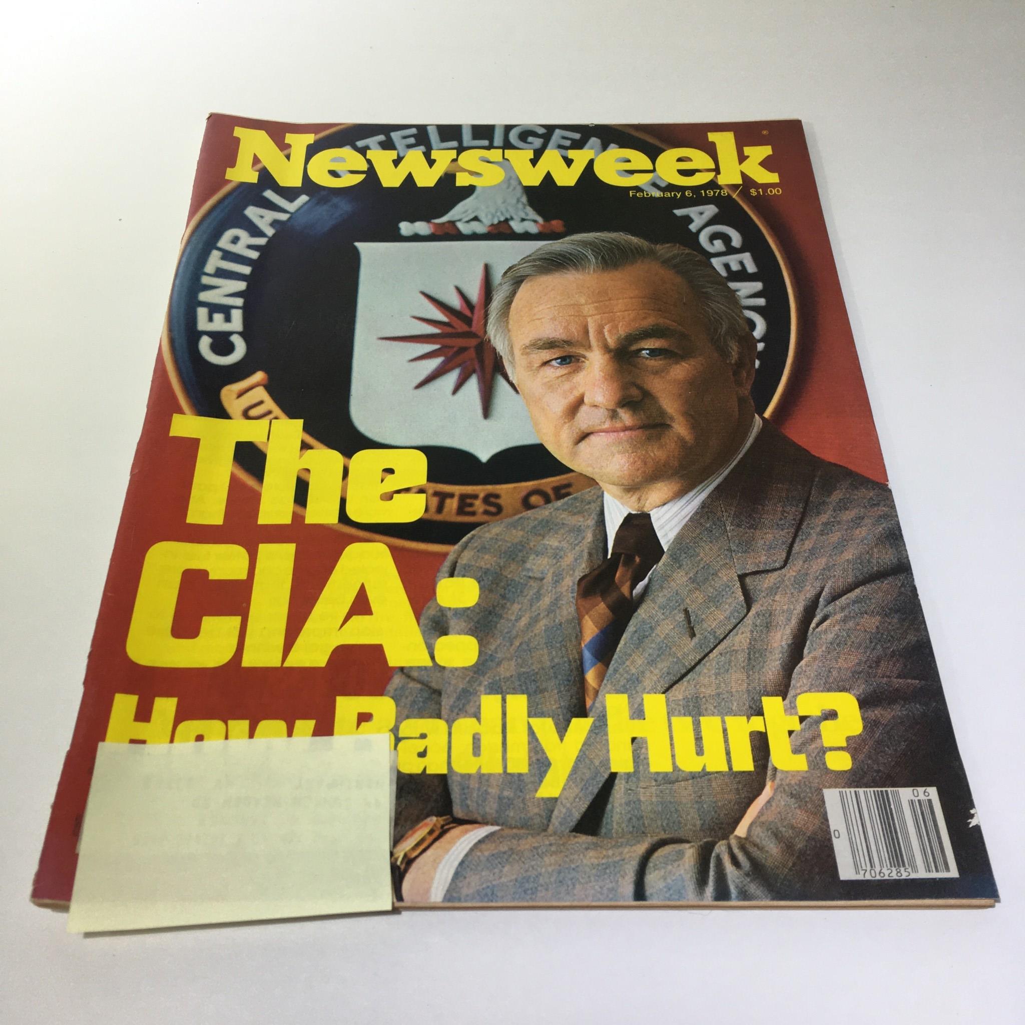 Cover of Newsweek Magazine from February 6, 1978, featuring the title 'The CIA: How Badly Hurt?' with a portrait of a man in a suit and the CIA emblem in the background.