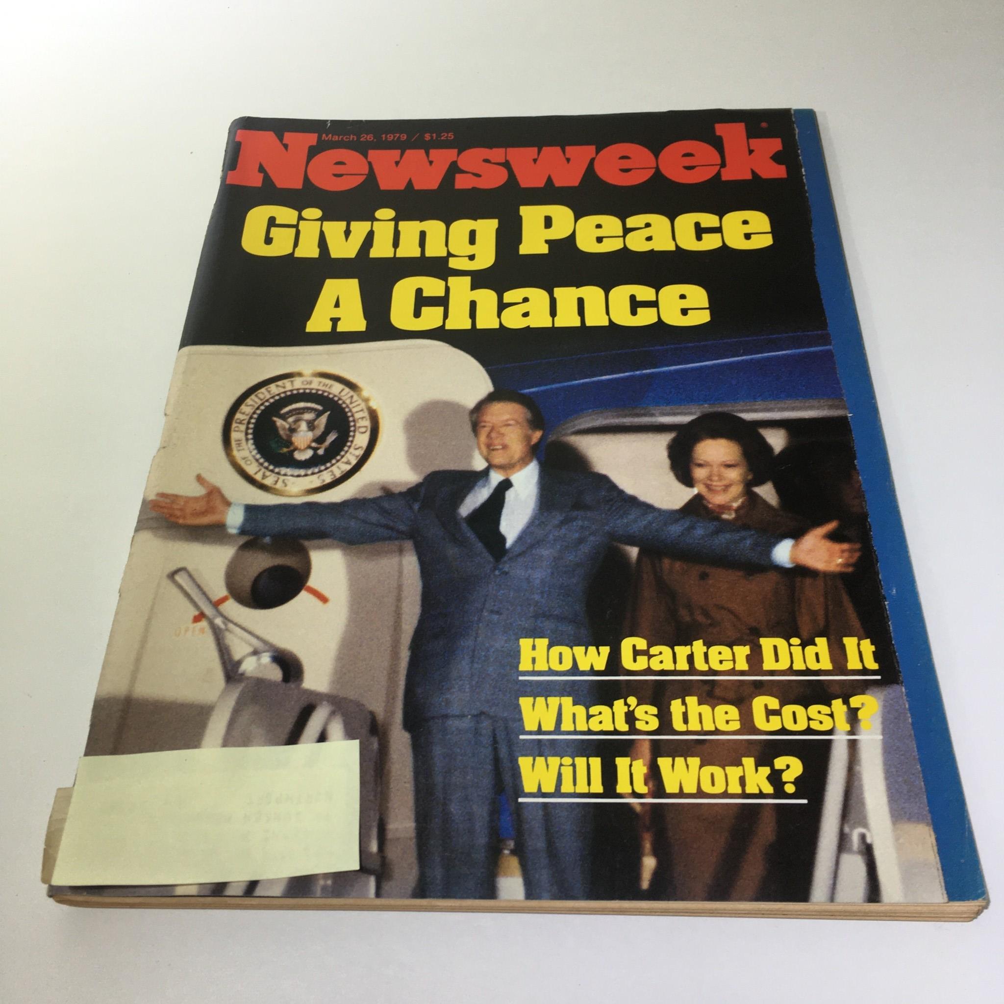 Newsweek Magazine cover from March 26, 1979, featuring the title 'Giving Peace A Chance', with a prominent image related to President Carter's peace efforts.