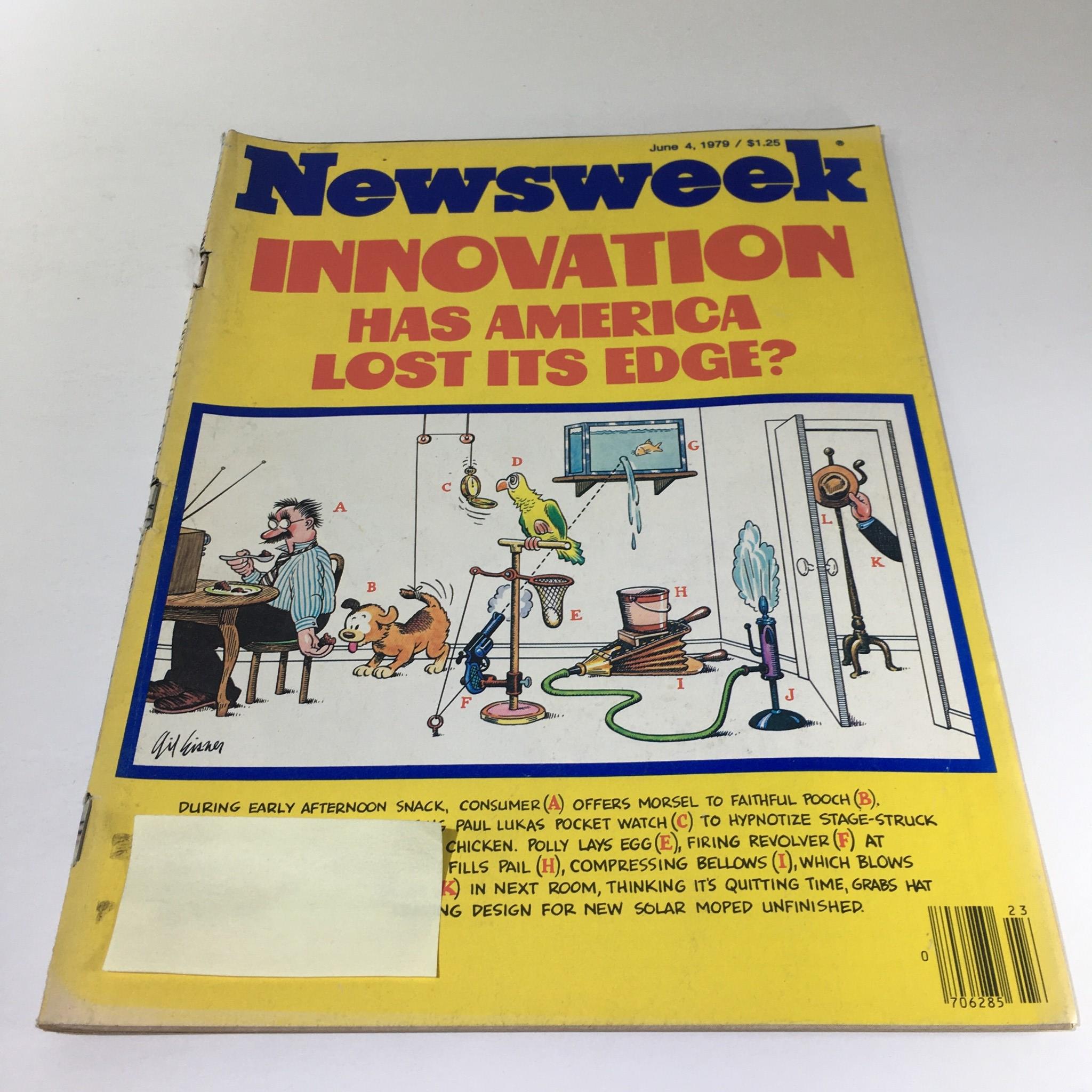 Newsweek Magazine cover from June 4, 1979, featuring the headline 'Innovation: Has America Lost Its Edge?' with a colorful illustration highlighting consumer technology and imaginative devices.