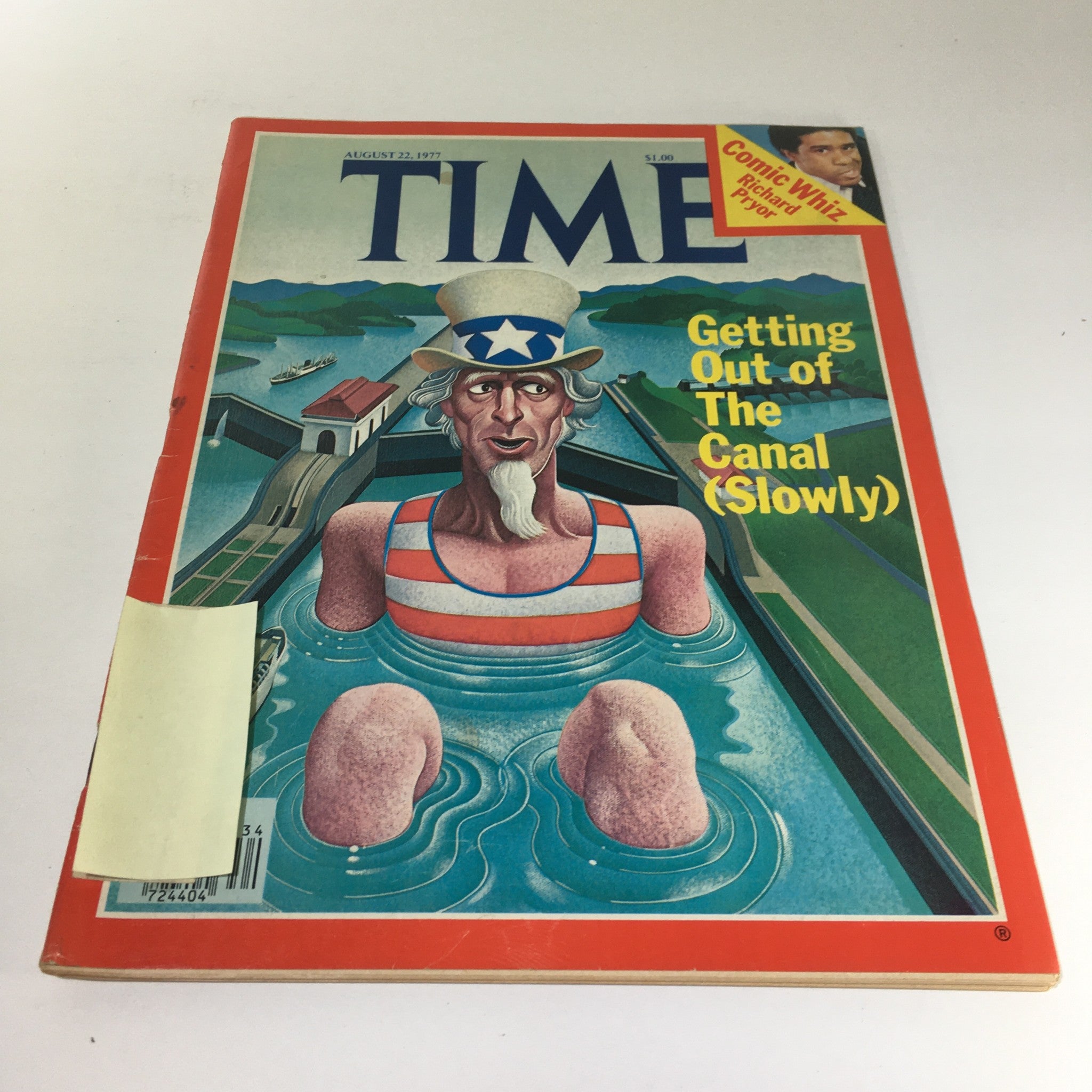 Cover of Time Magazine from August 22, 1977, featuring the title 'Getting Out Of The Canal (Slowly)' with an illustration of a character resembling Uncle Sam in a swimsuit, surrounded by water.