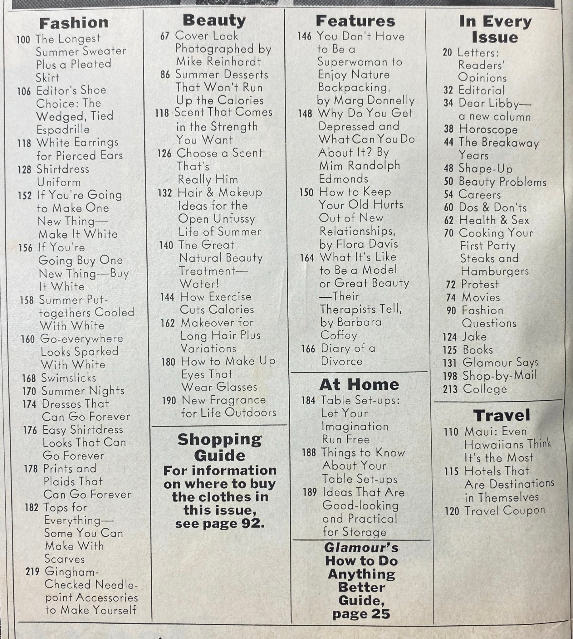 Table of contents from Glamour Magazine June 1972, highlighting articles on fashion, beauty, and personal growth topics from the 1970s.