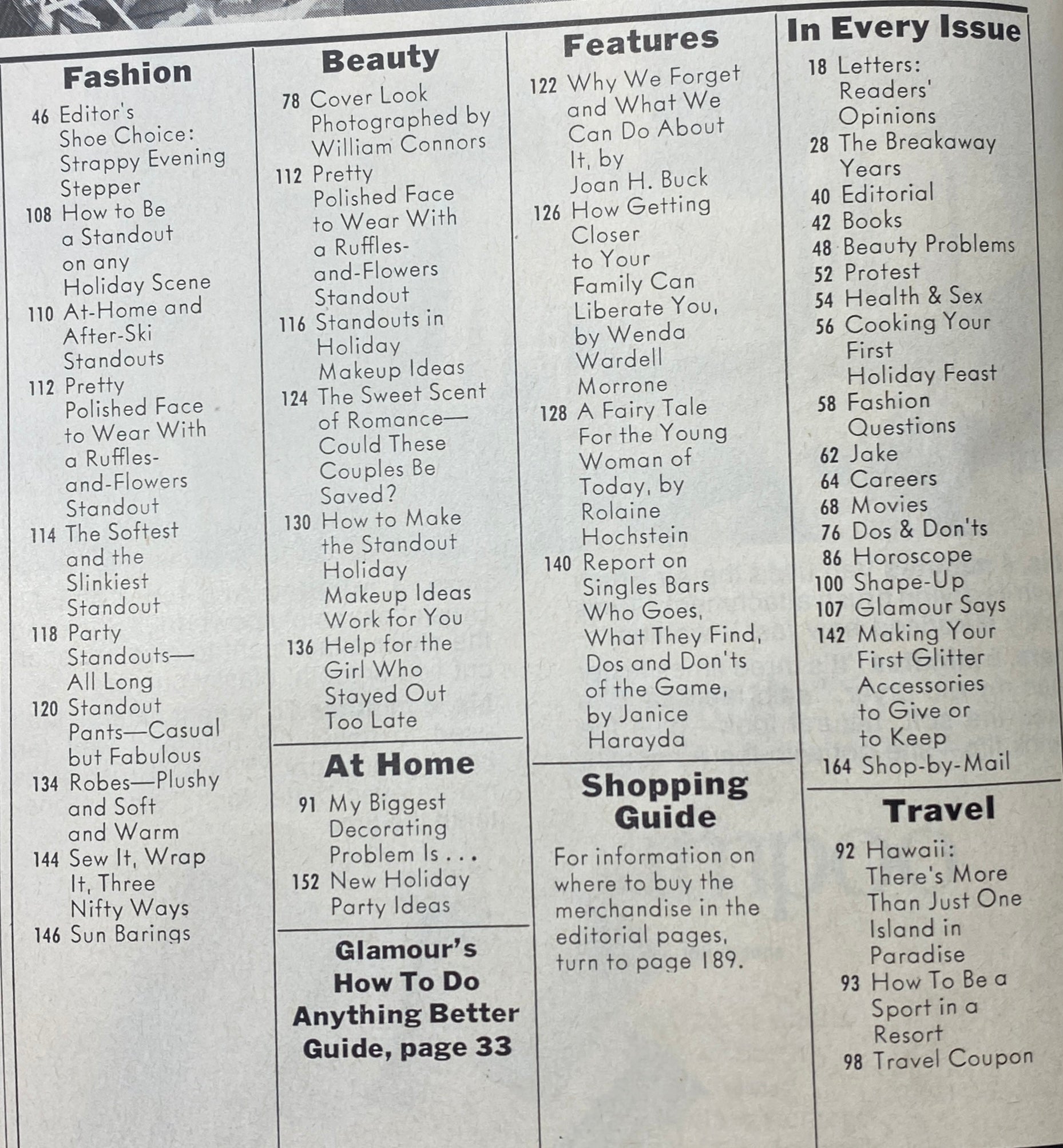 Interior page from Glamour Magazine December 1973, featuring a table of contents listing articles about fashion, beauty, and cultural insights from the 1970s, highlighting the magazine's rich editorial offerings.