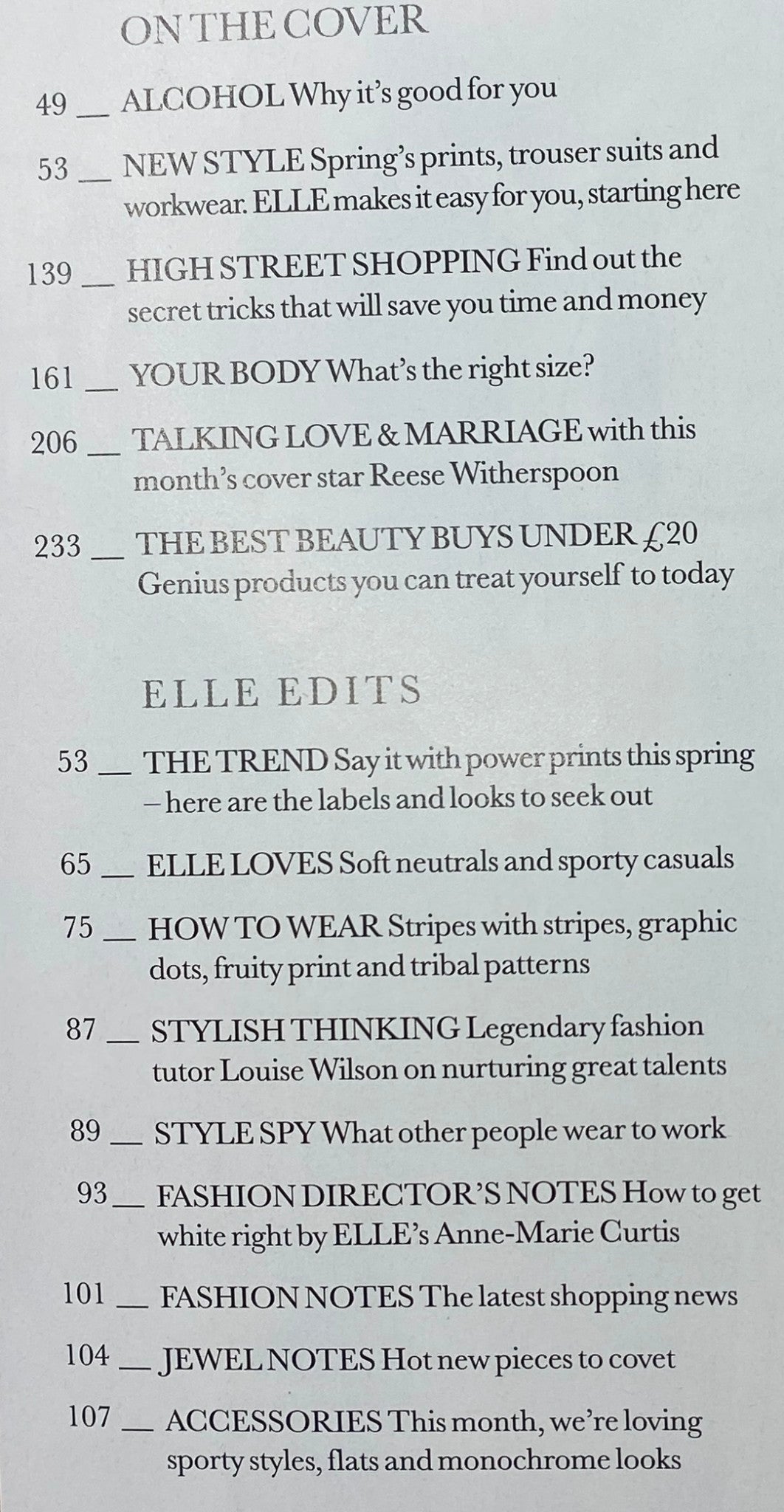 Interior page of Elle Magazine May 2011 showcasing various articles including topics on the latest fashion trends, beauty buys under £20, and insights from Reese Witherspoon on love and marriage.