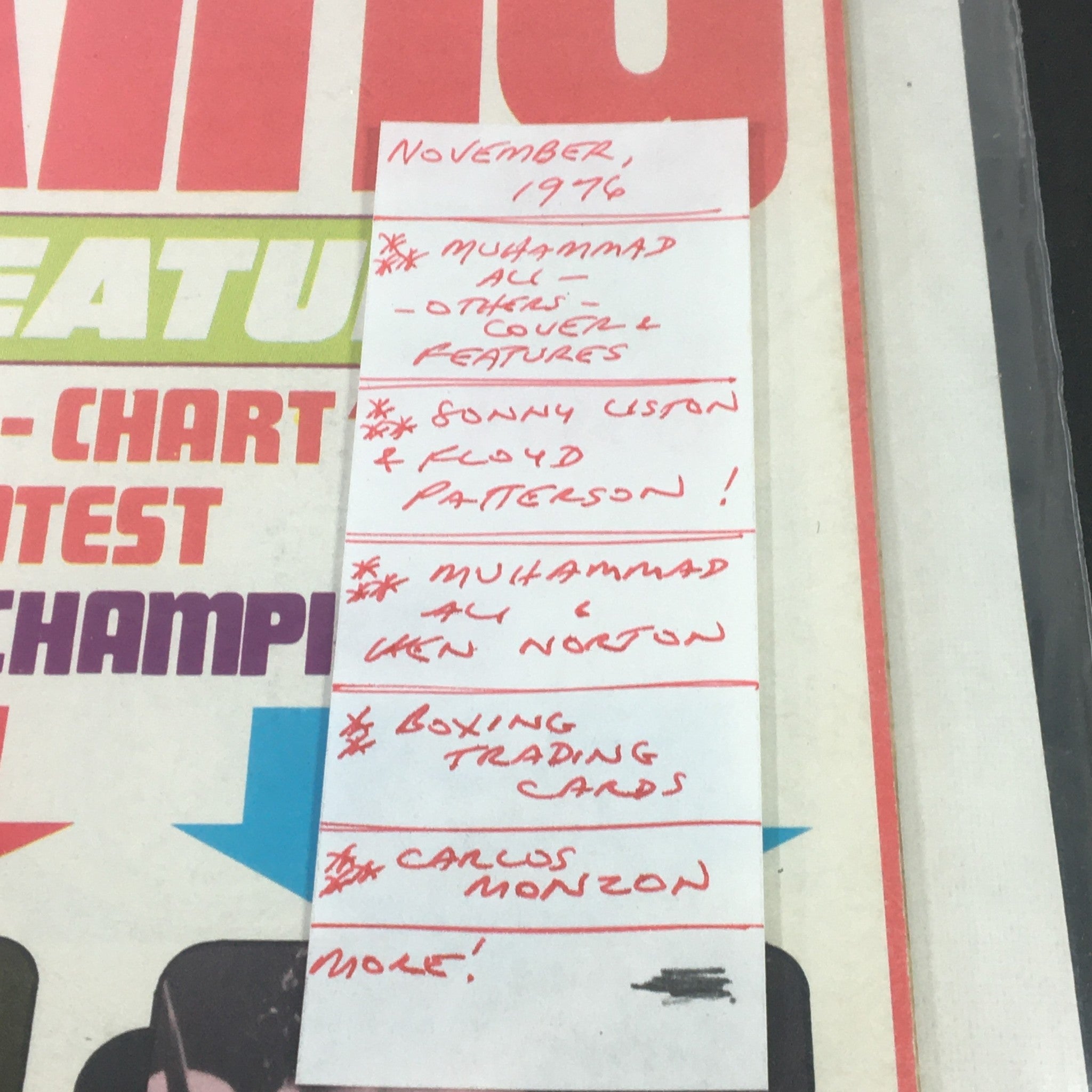 VTG World Boxing Magazine November 1976 featuring Muhammad Ali, with a list of notable cover features including Sonny Liston, Floyd Patterson, and Carlos Monzon.
