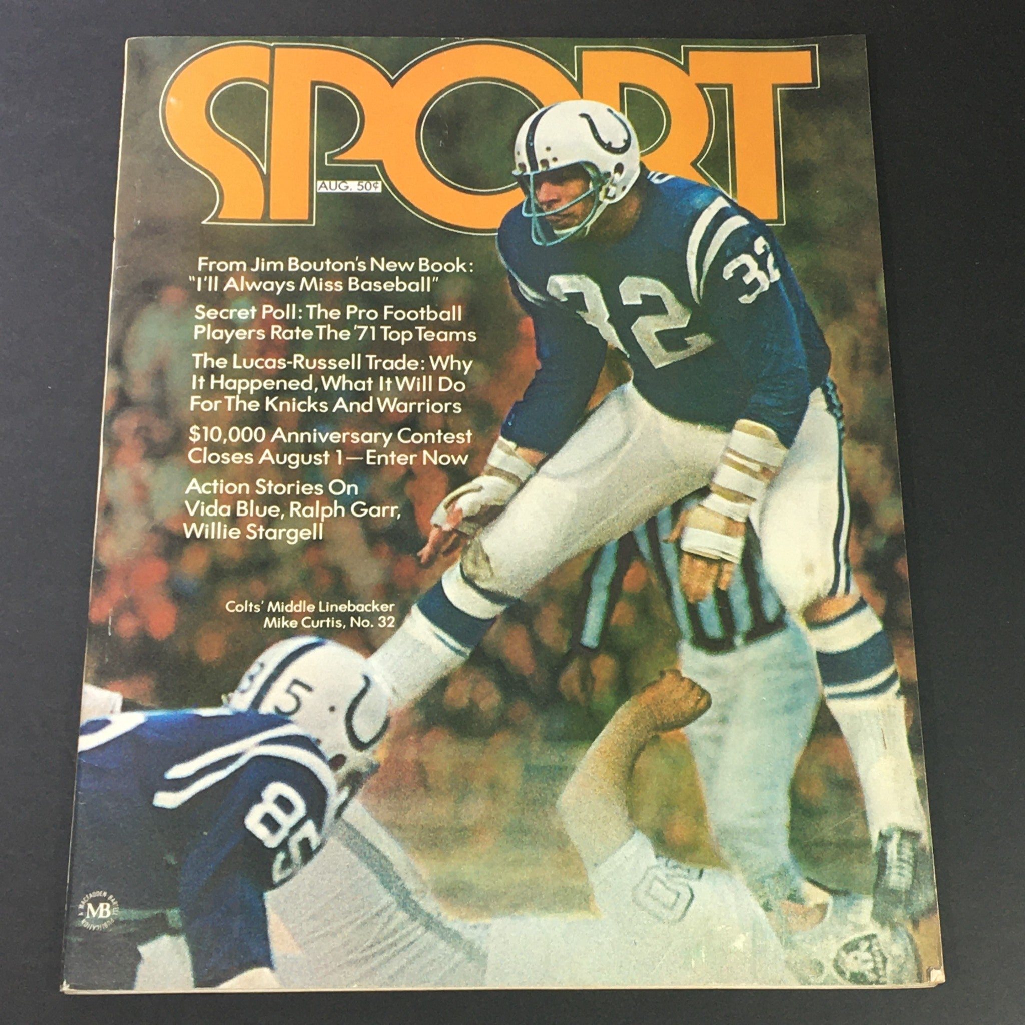 VTG Sport Magazine August 1971 Vol 52 #2 featuring Colts' linebacker Mike Curtis on the cover, showcasing sports history and culture from the early 1970s.